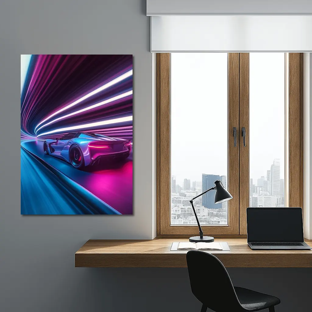 Supercar Speeding Through Neon Light Tunnel – Wall Art