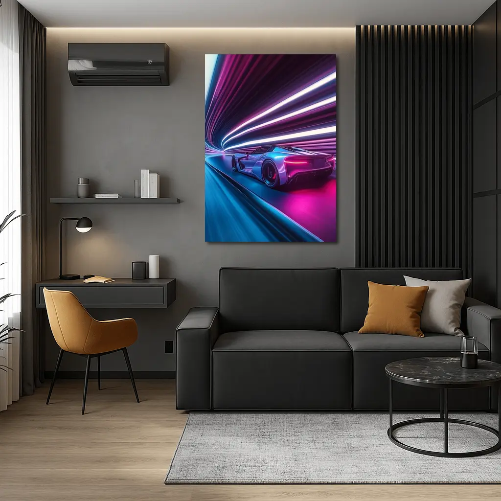 Supercar Speeding Through Neon Light Tunnel – Wall Art