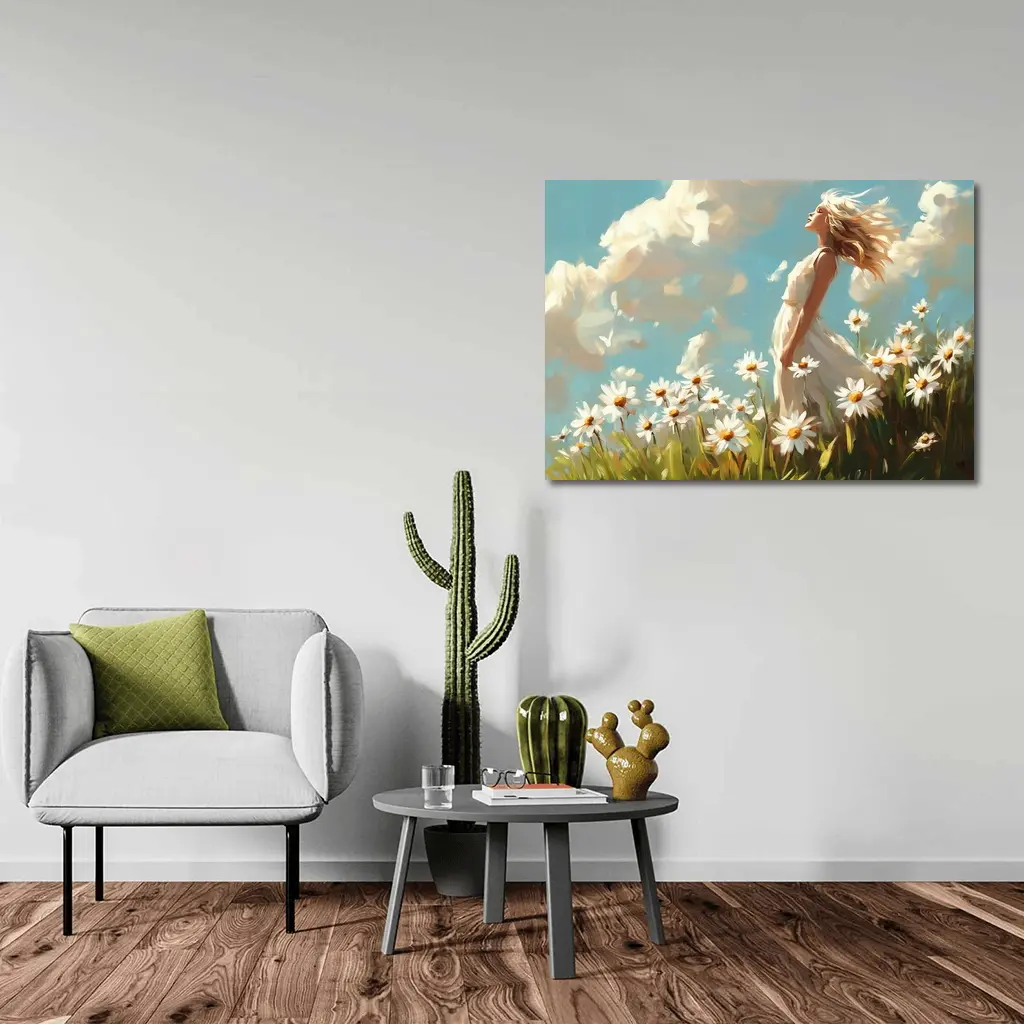 Woman in Daisy Field Oil Painting Art – Wall Art