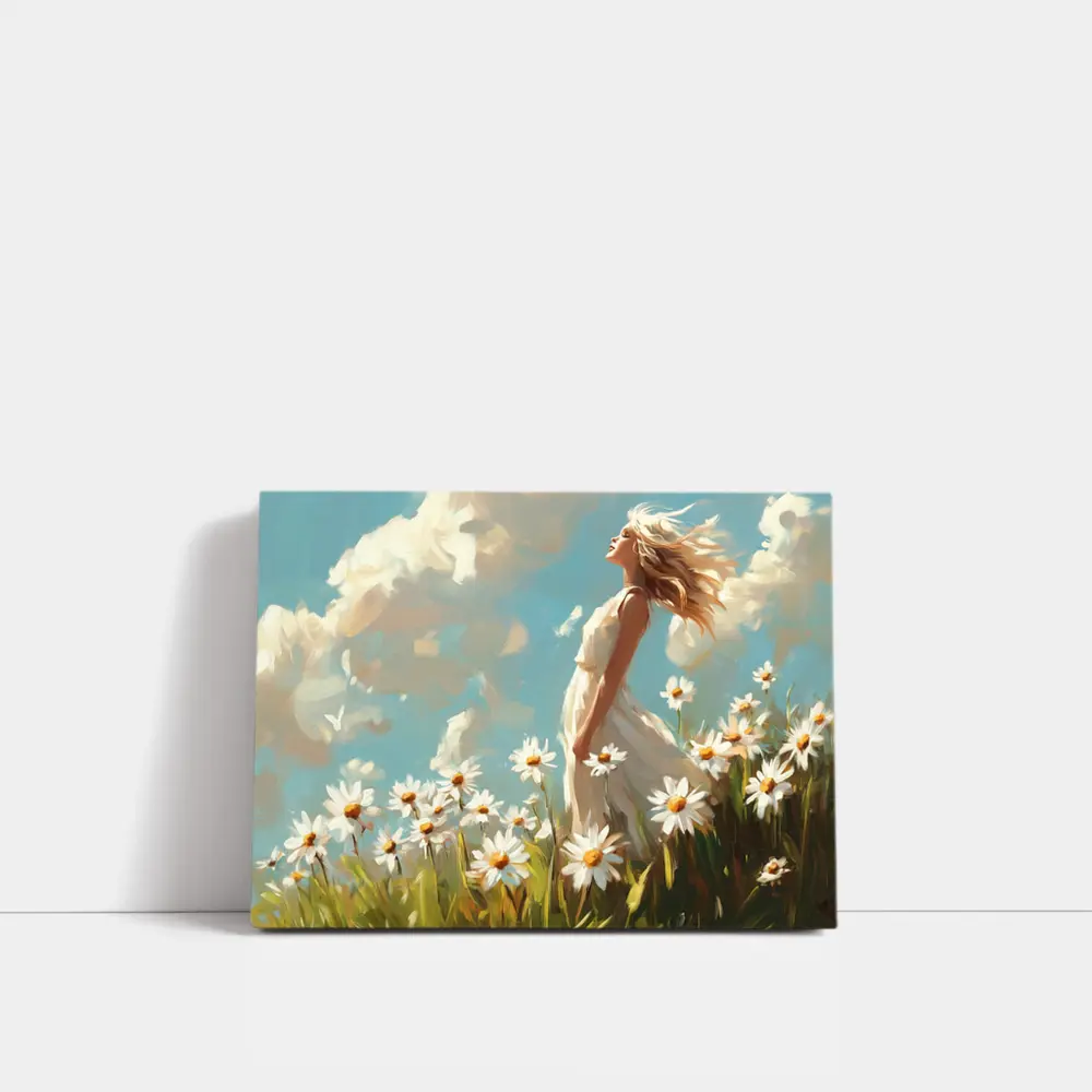 Woman in Daisy Field Oil Painting Art – Wall Art