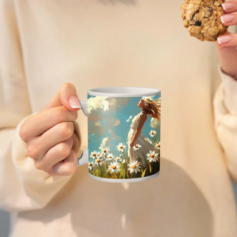 Woman in Daisy Field Oil Painting Art – Mugs