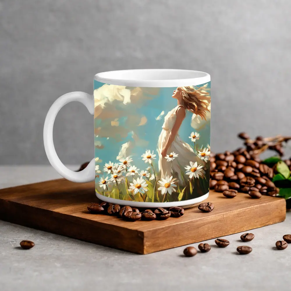 Woman in Daisy Field Oil Painting Art – Mugs