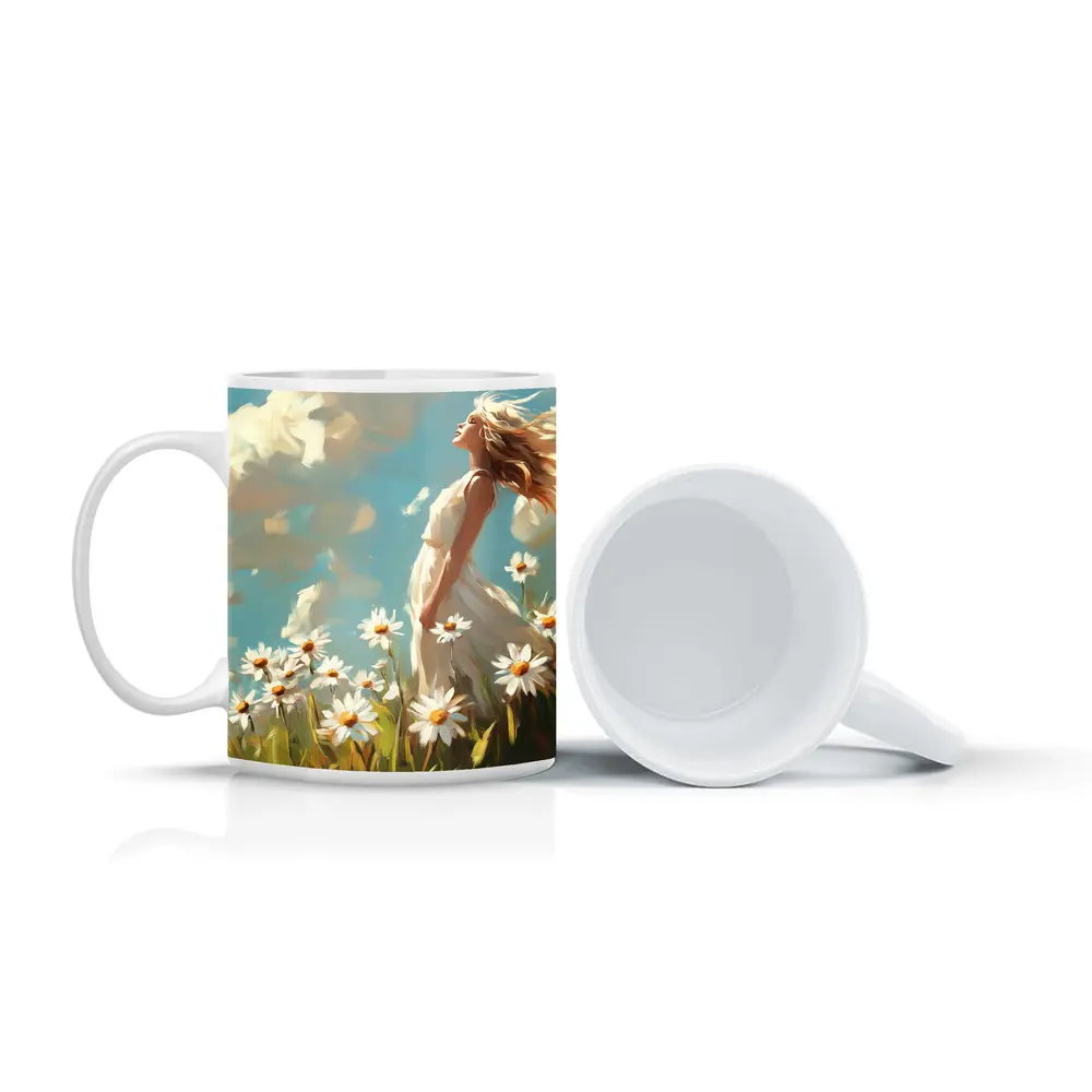 Woman in Daisy Field Oil Painting Art – Mugs
