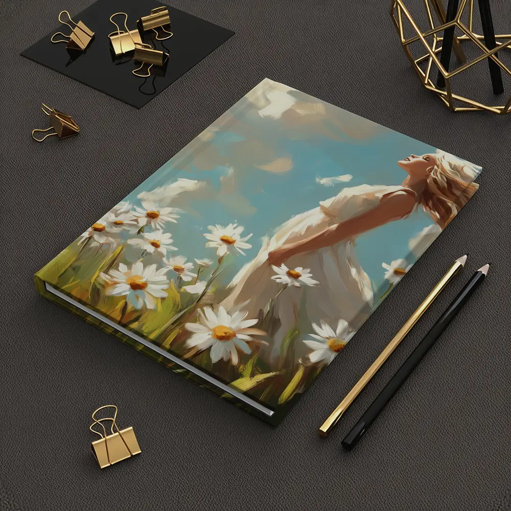 Woman in Daisy Field Oil Painting Art – Notebooks