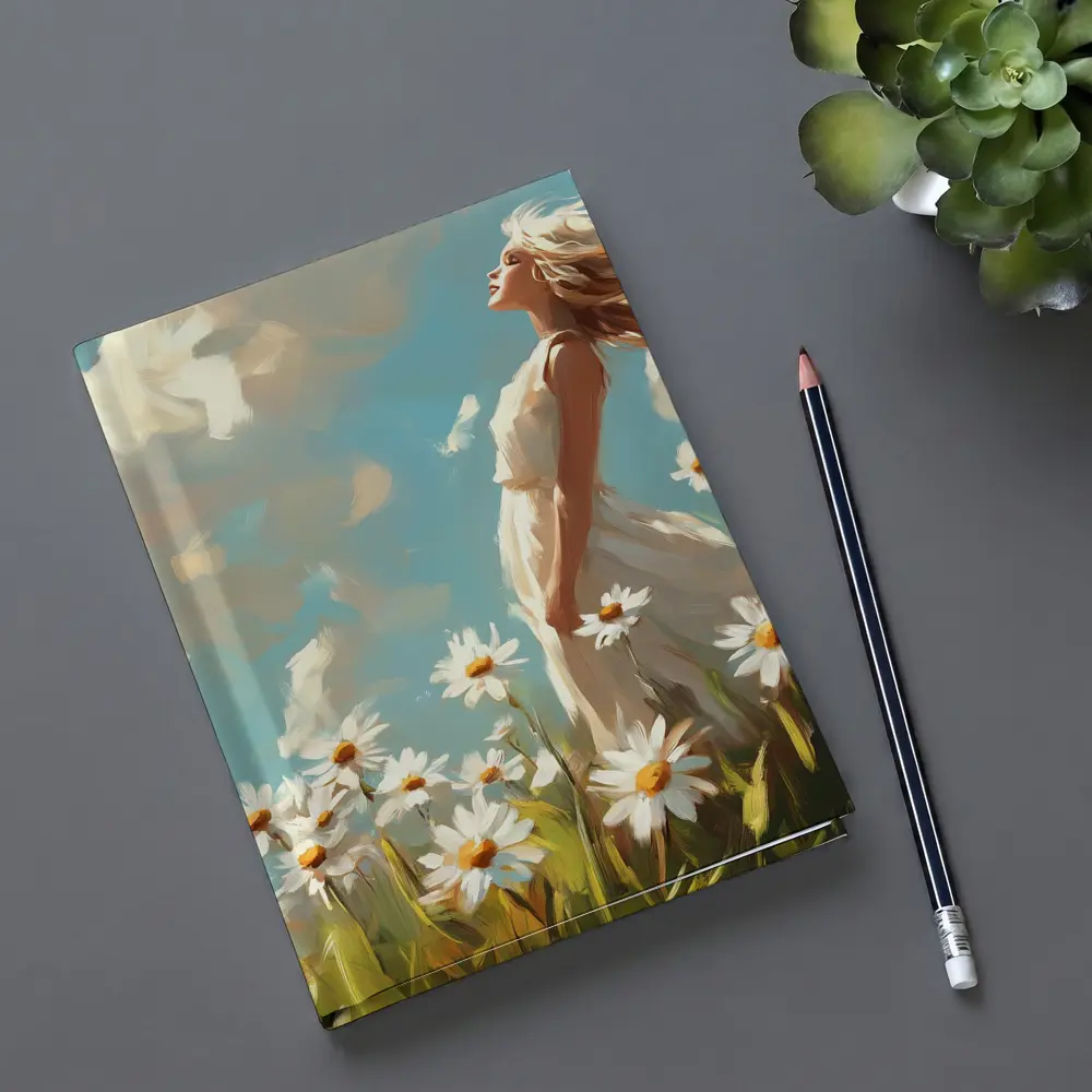 Woman in Daisy Field Oil Painting Art – Notebooks