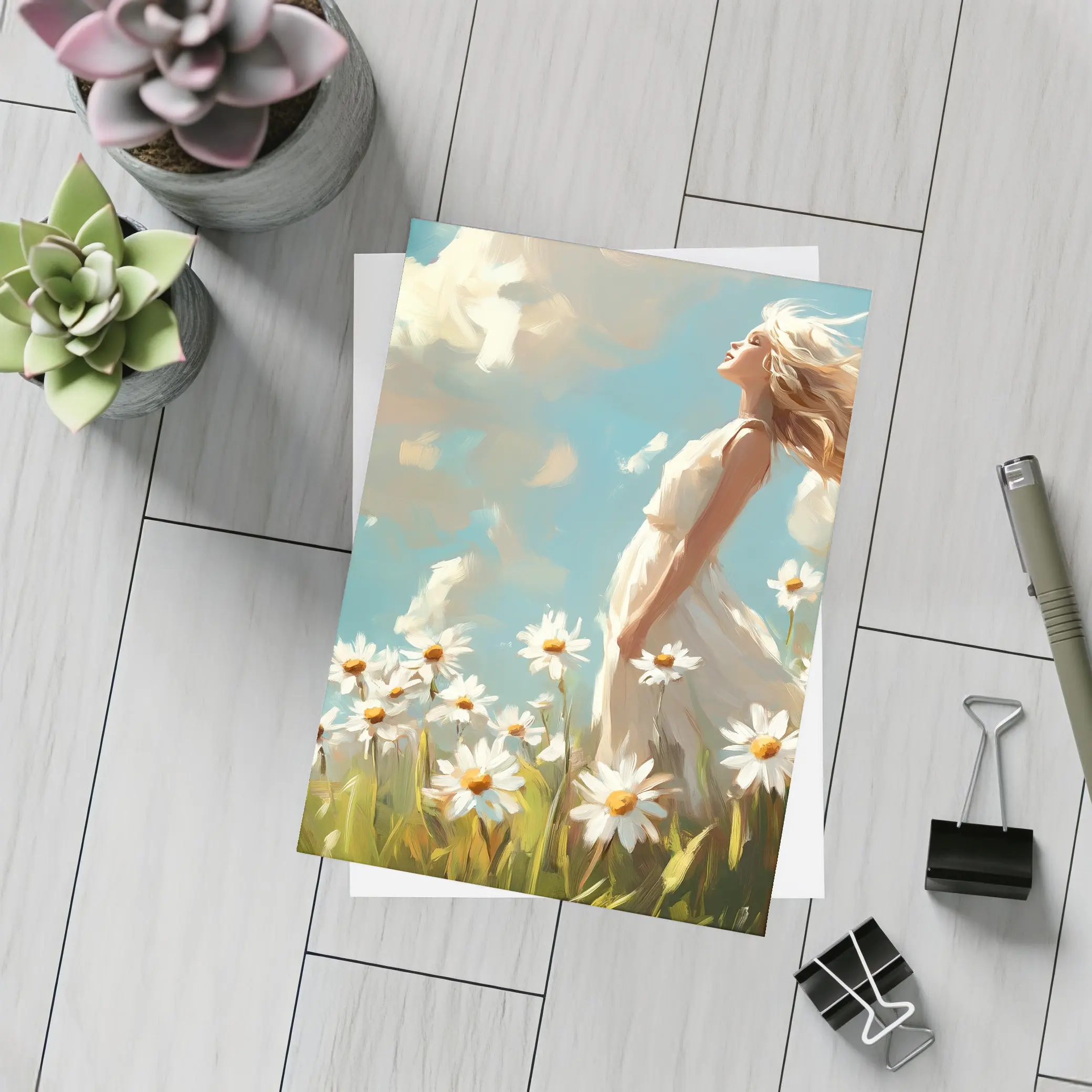 Woman in Daisy Field Oil Painting Art – Postcards