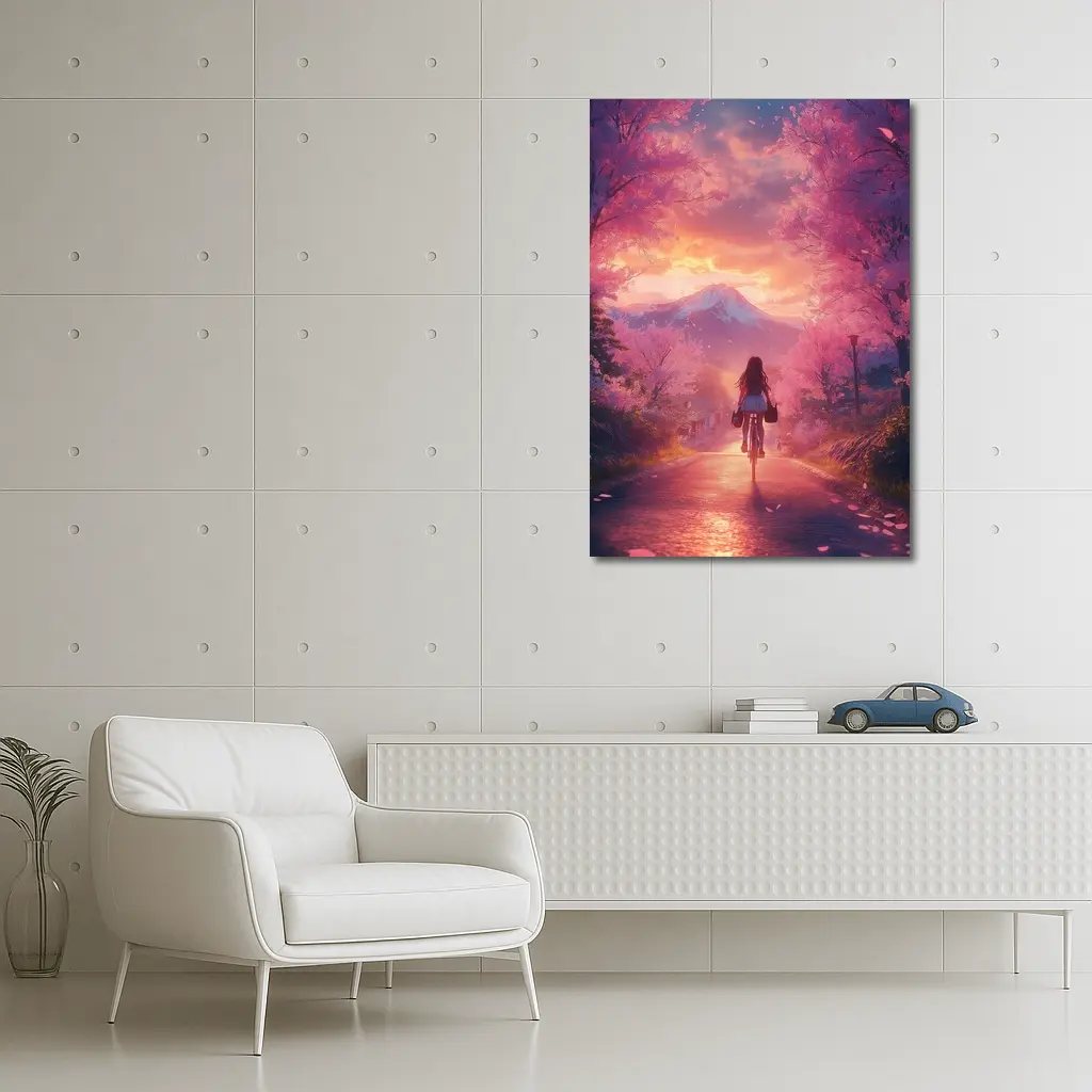 Anime Girl Cycling Cherry Blossom Mountain Path – Wall Art
