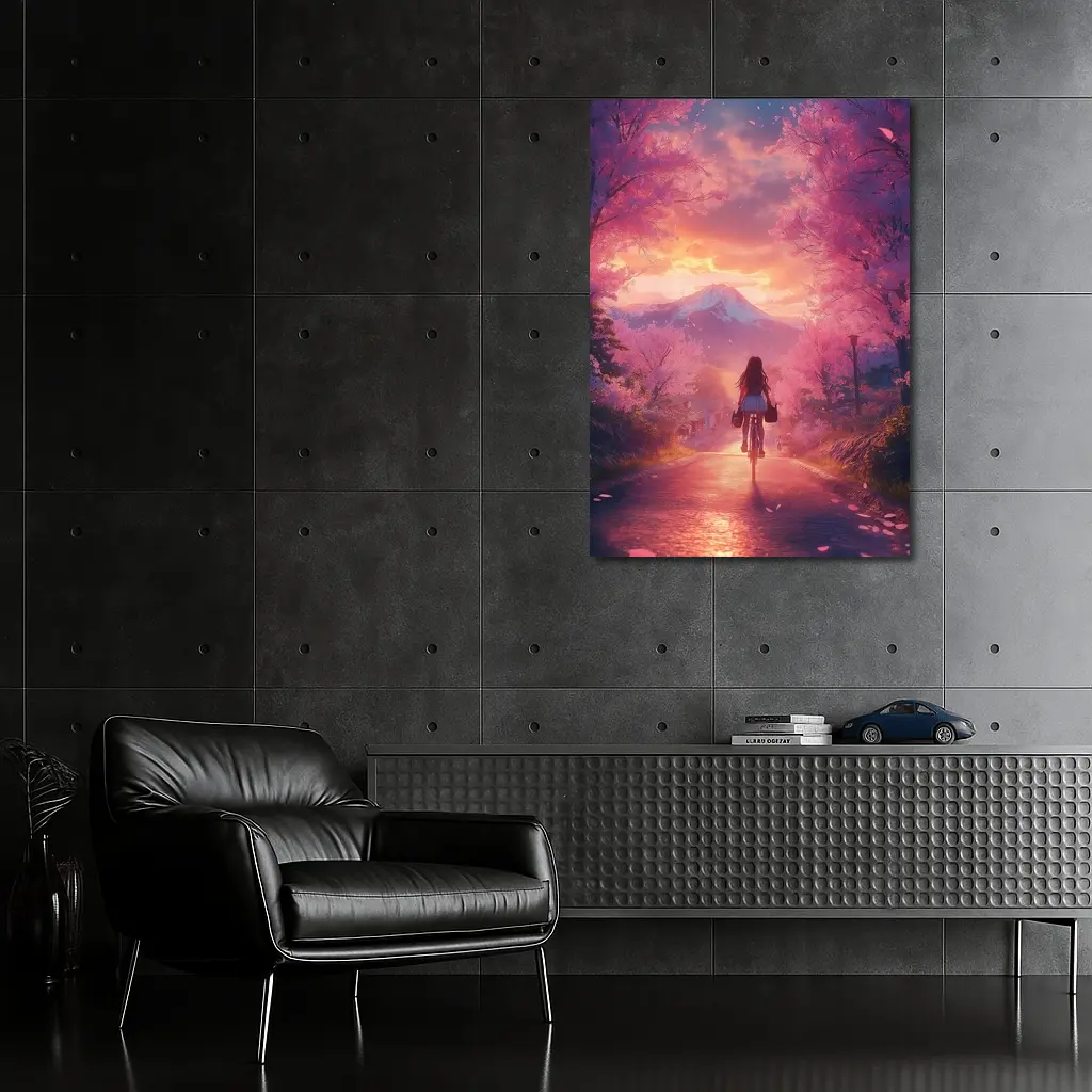 Anime Girl Cycling Cherry Blossom Mountain Path – Wall Art
