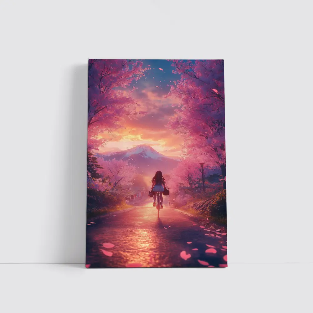 Anime Girl Cycling Cherry Blossom Mountain Path – Wall Art