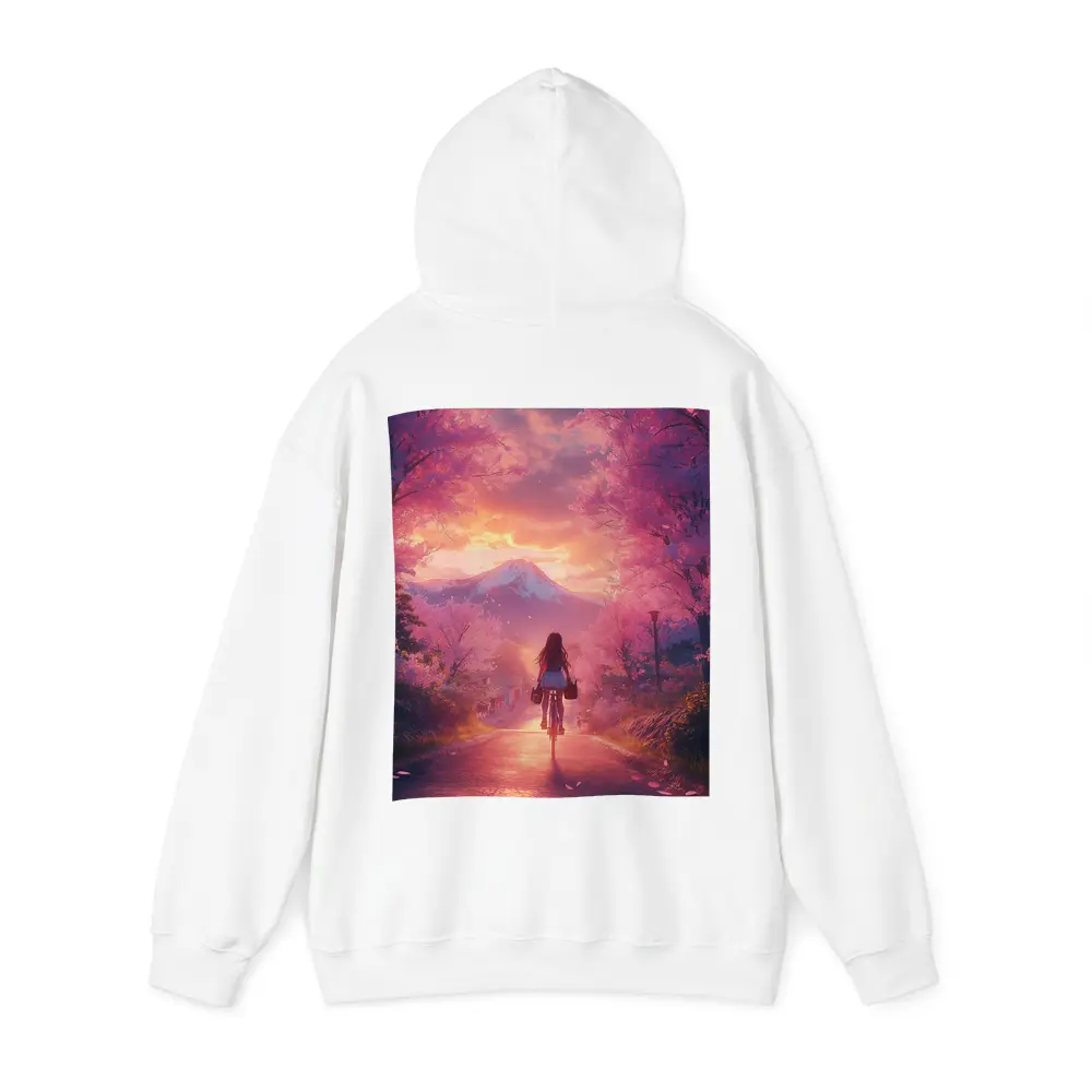 Anime Girl Cycling Cherry Blossom Mountain Path – Hoodies