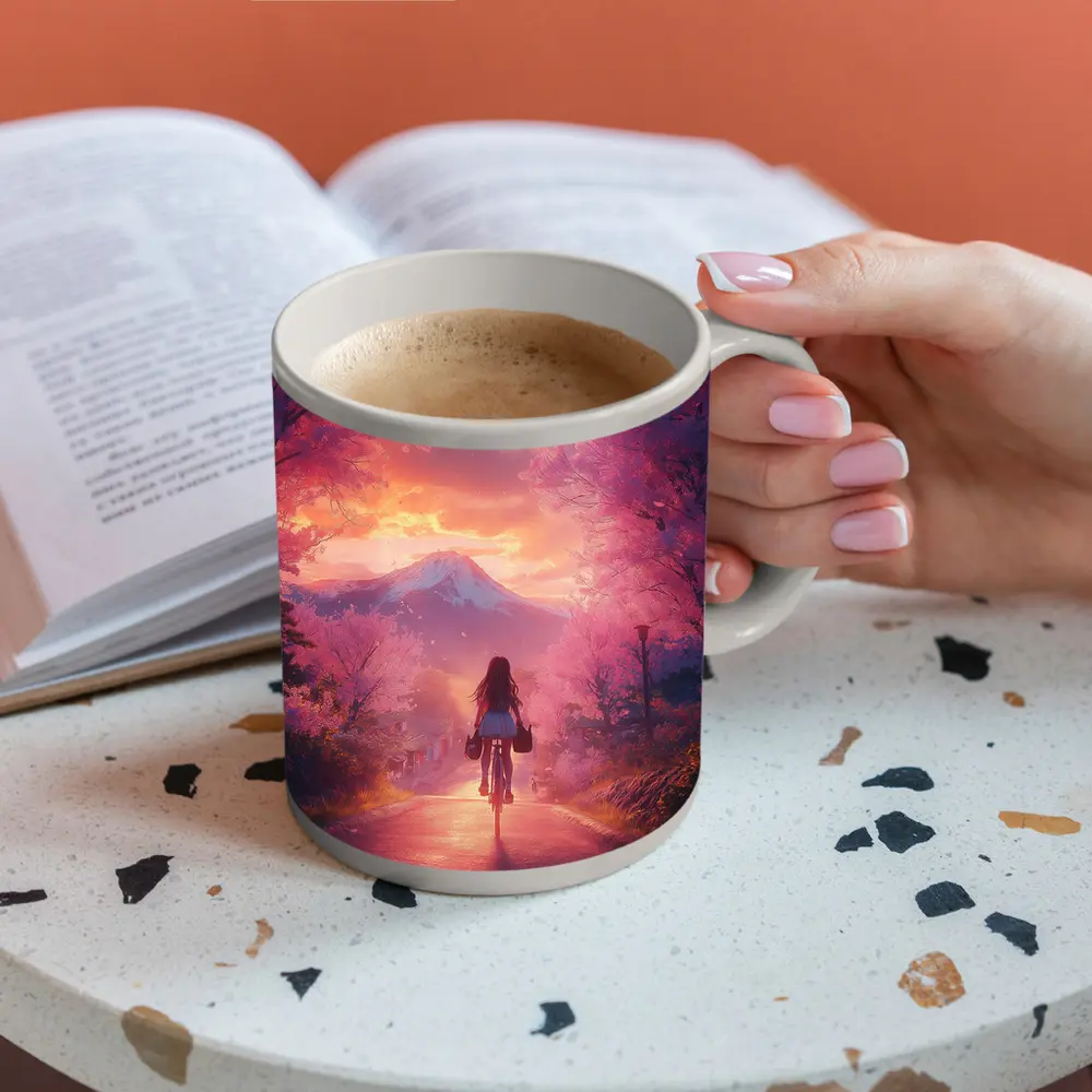 Anime Girl Cycling Cherry Blossom Mountain Path – Mugs