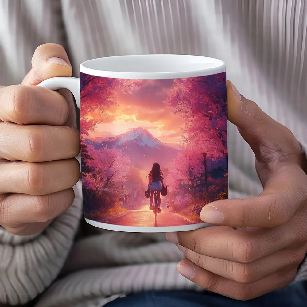 Anime Girl Cycling Cherry Blossom Mountain Path – Mugs