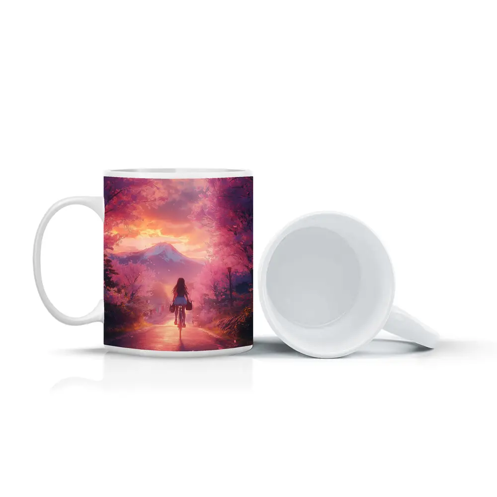 Anime Girl Cycling Cherry Blossom Mountain Path – Mugs
