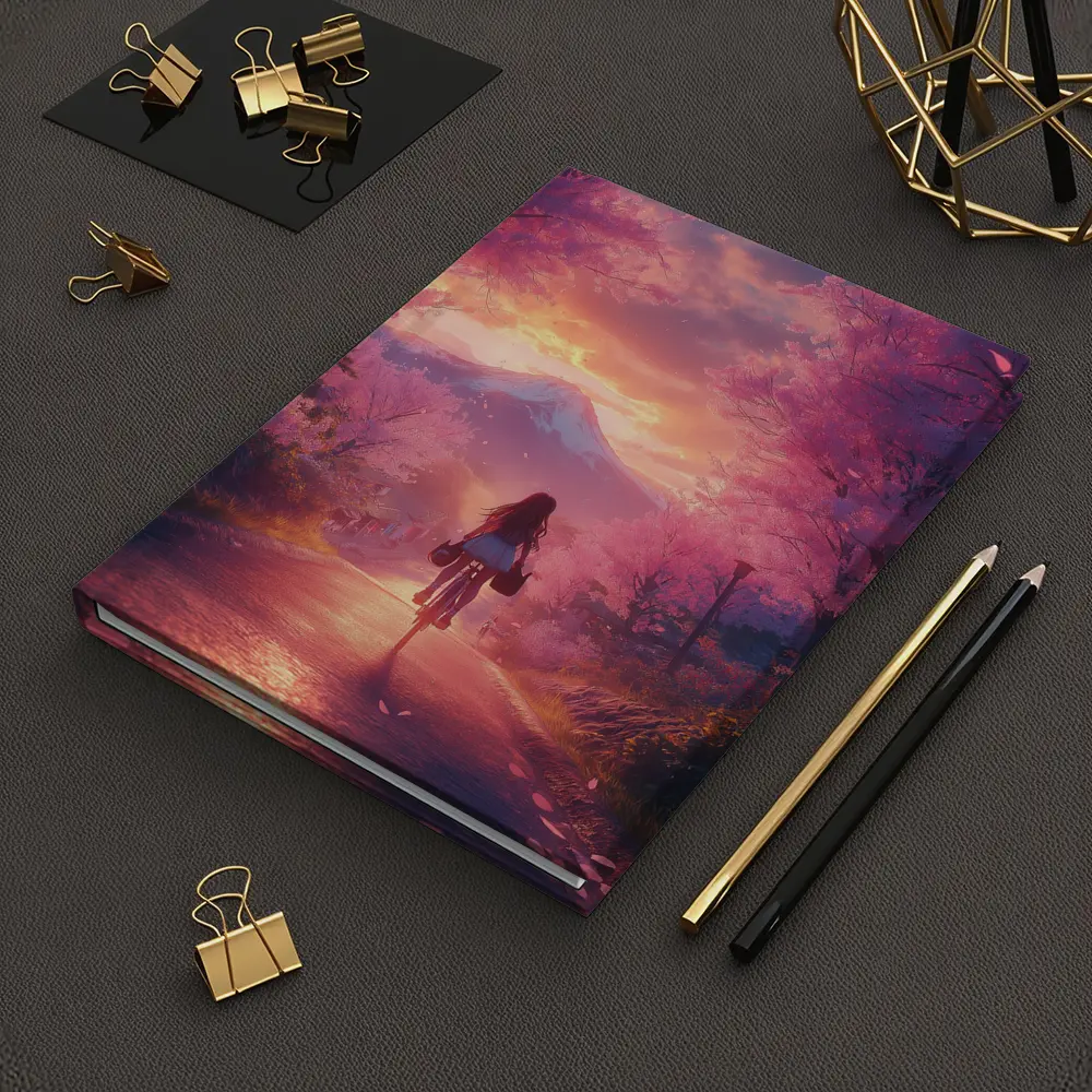 Anime Girl Cycling Cherry Blossom Mountain Path – Notebooks