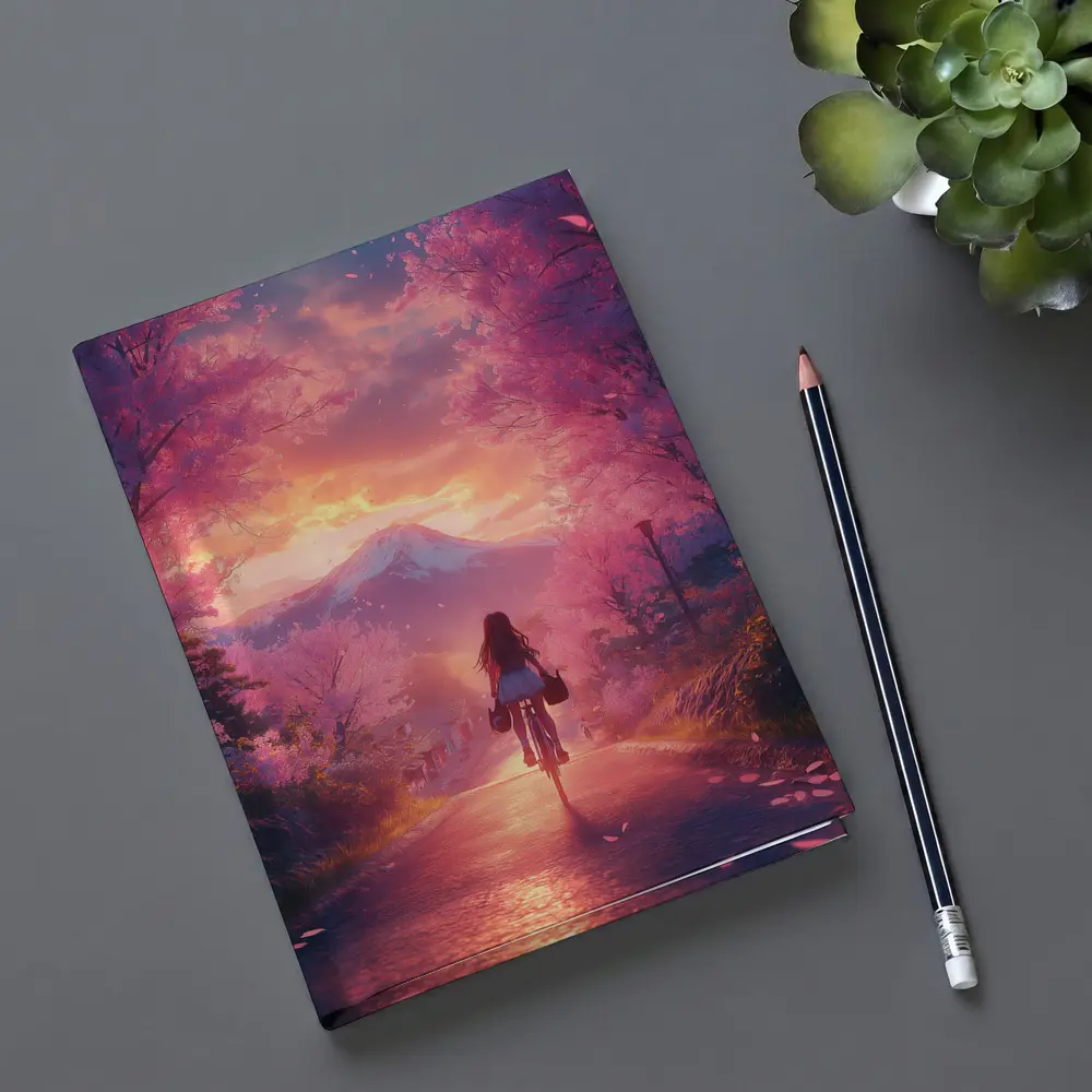 Anime Girl Cycling Cherry Blossom Mountain Path – Notebooks