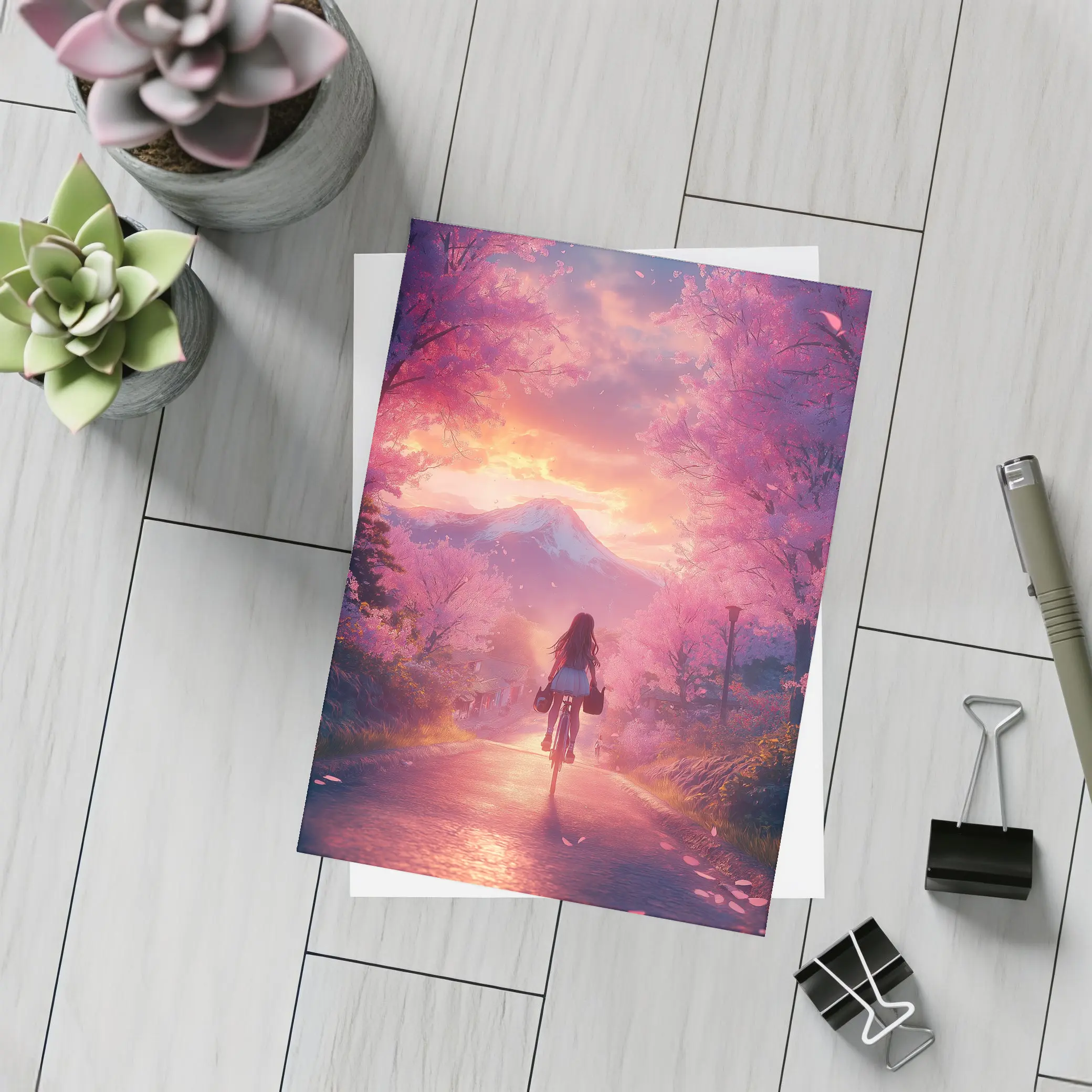 Anime Girl Cycling Cherry Blossom Mountain Path – Postcards