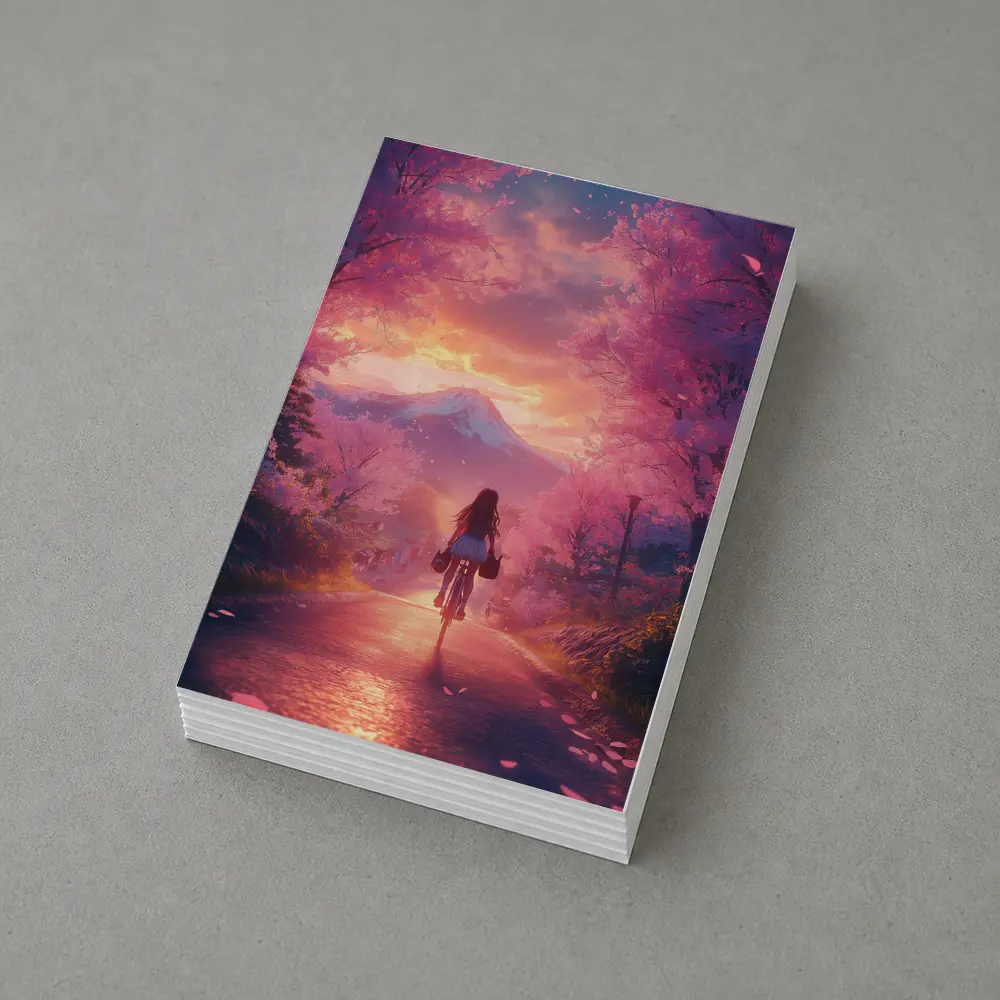 Anime Girl Cycling Cherry Blossom Mountain Path – Postcards