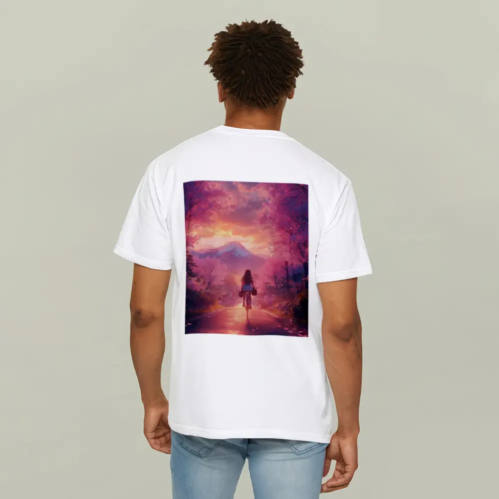 Anime Girl Cycling Cherry Blossom Mountain Path – T-Shirts