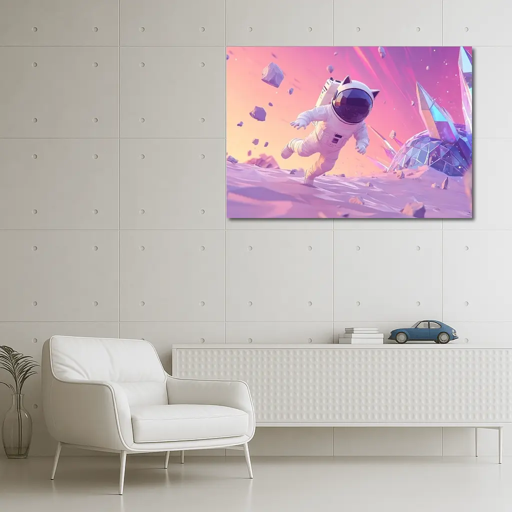 Cartoon Astronaut Cat Running On Alien Planet – Wall Art