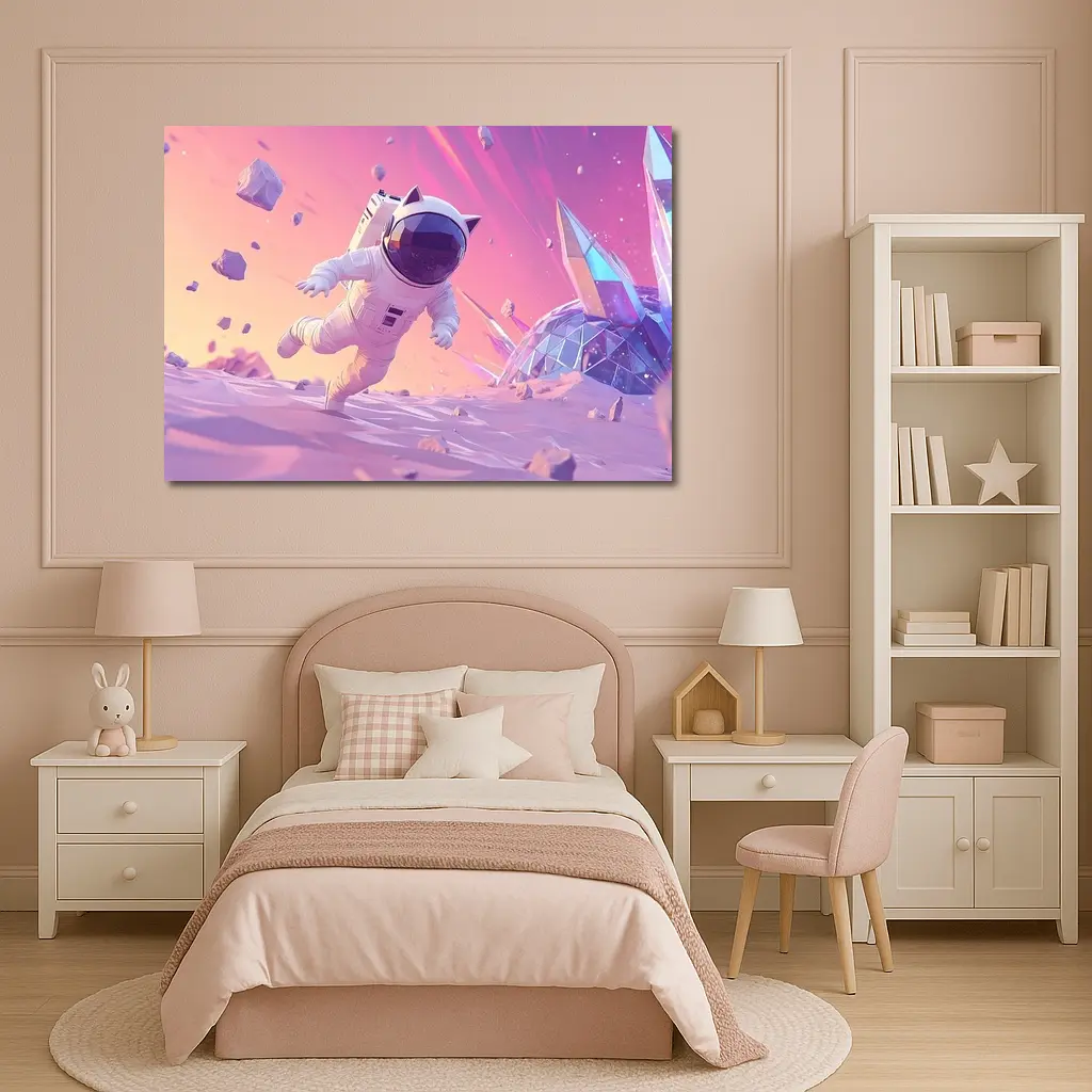 Cartoon Astronaut Cat Running On Alien Planet – Wall Art