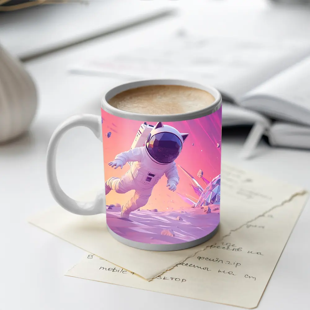 Cartoon Astronaut Cat Running On Alien Planet – Mugs
