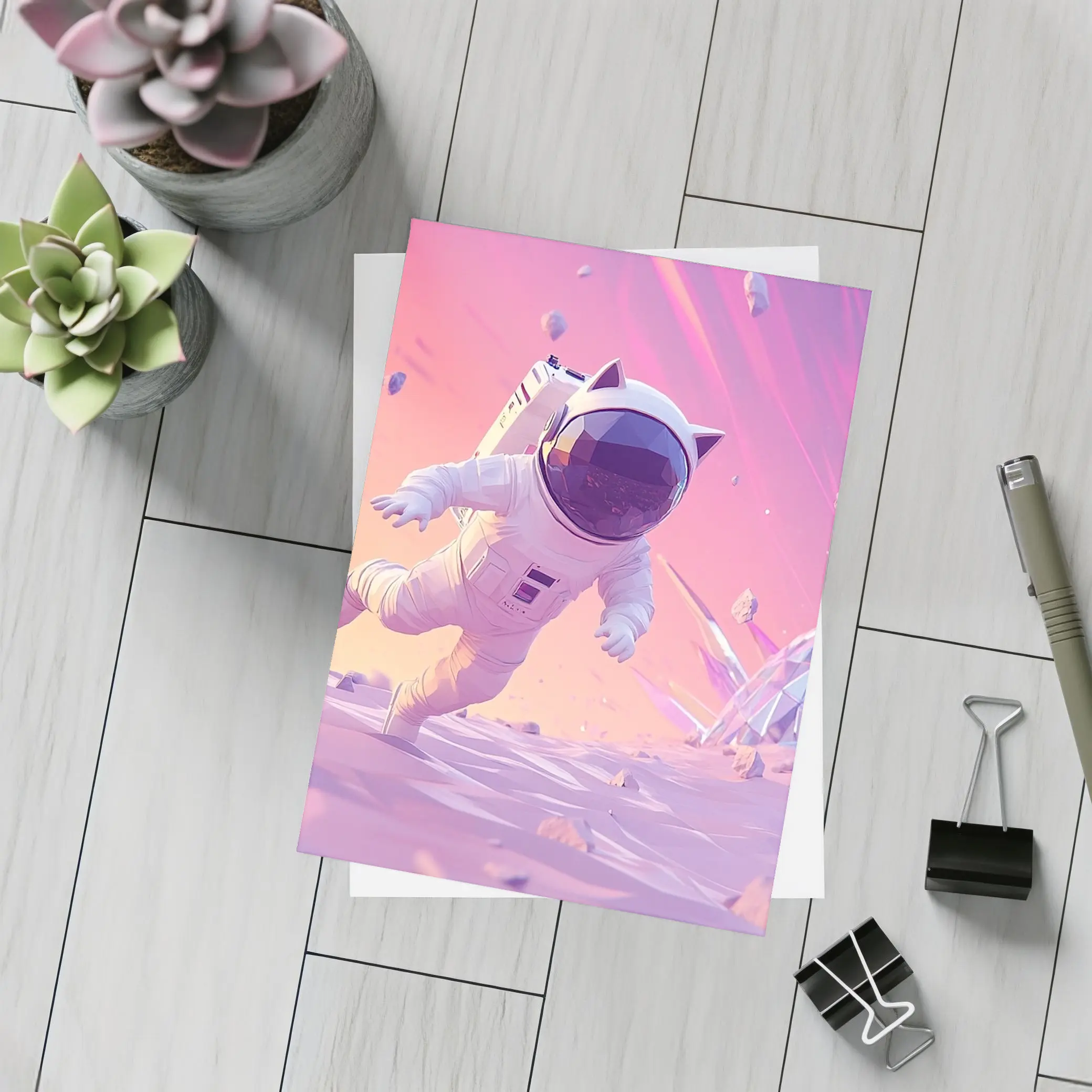 Cartoon Astronaut Cat Running On Alien Planet – Postcards