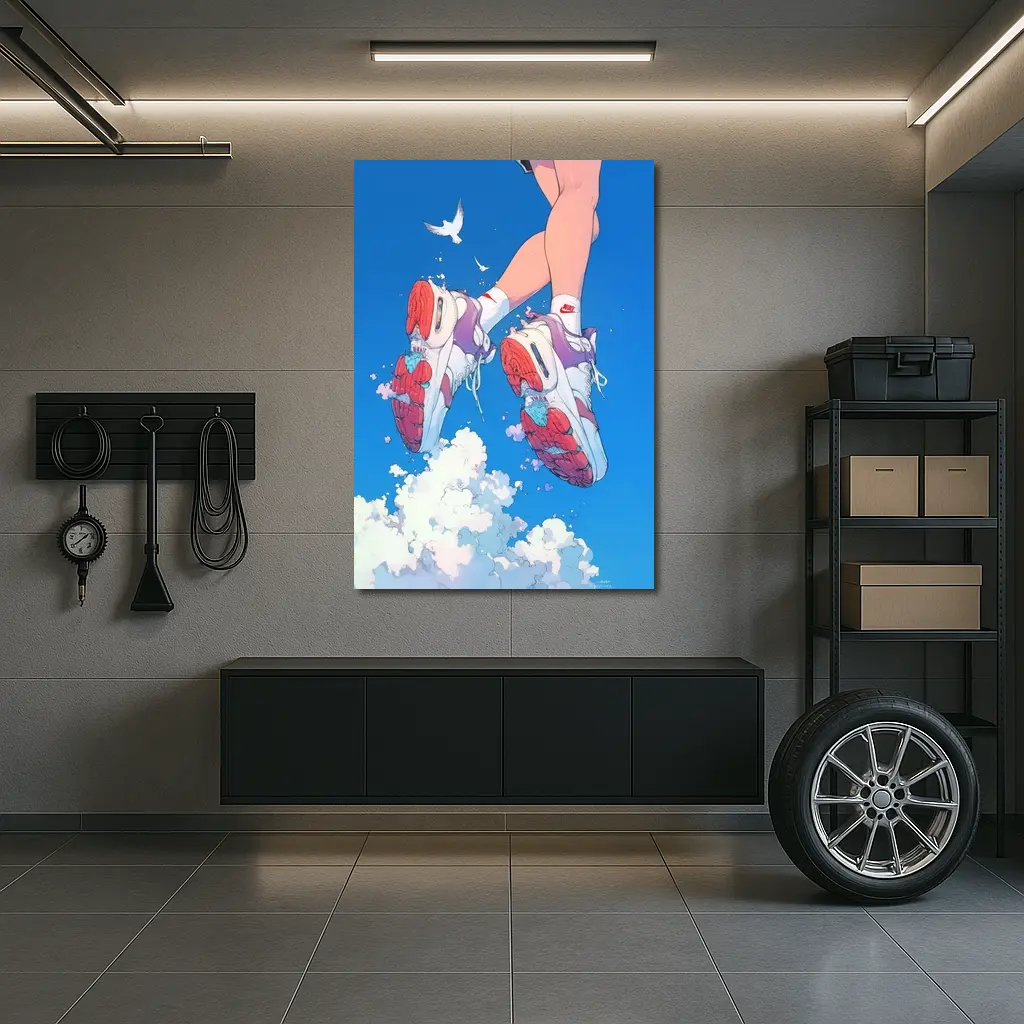 Nike Sneakers Floating Above Blue Sky – Wall Art