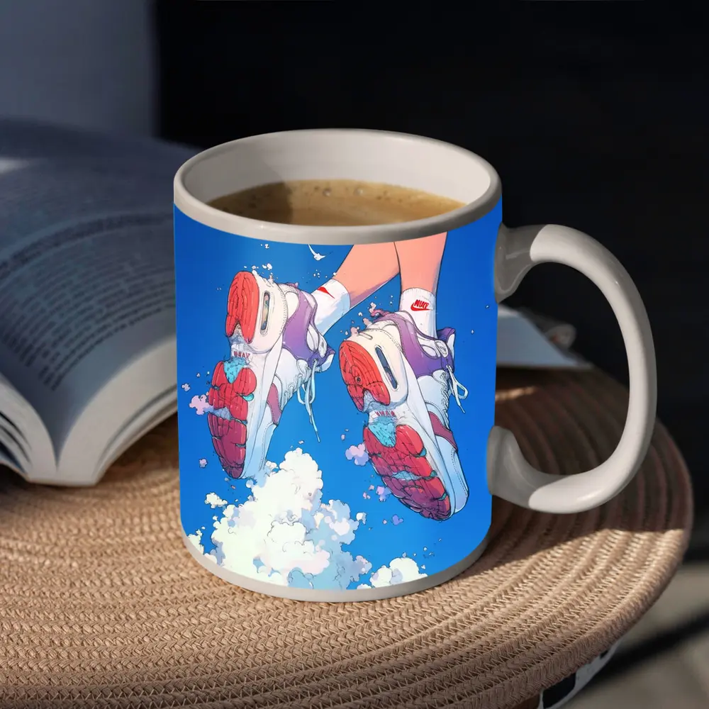Nike Sneakers Floating Above Blue Sky – Mugs