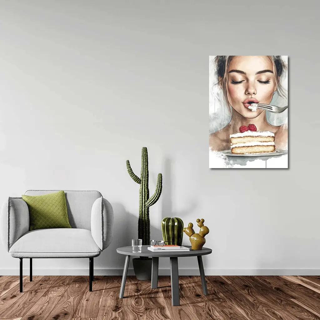 Woman Eating Raspberry Cake Watercolor Art – Wall Art