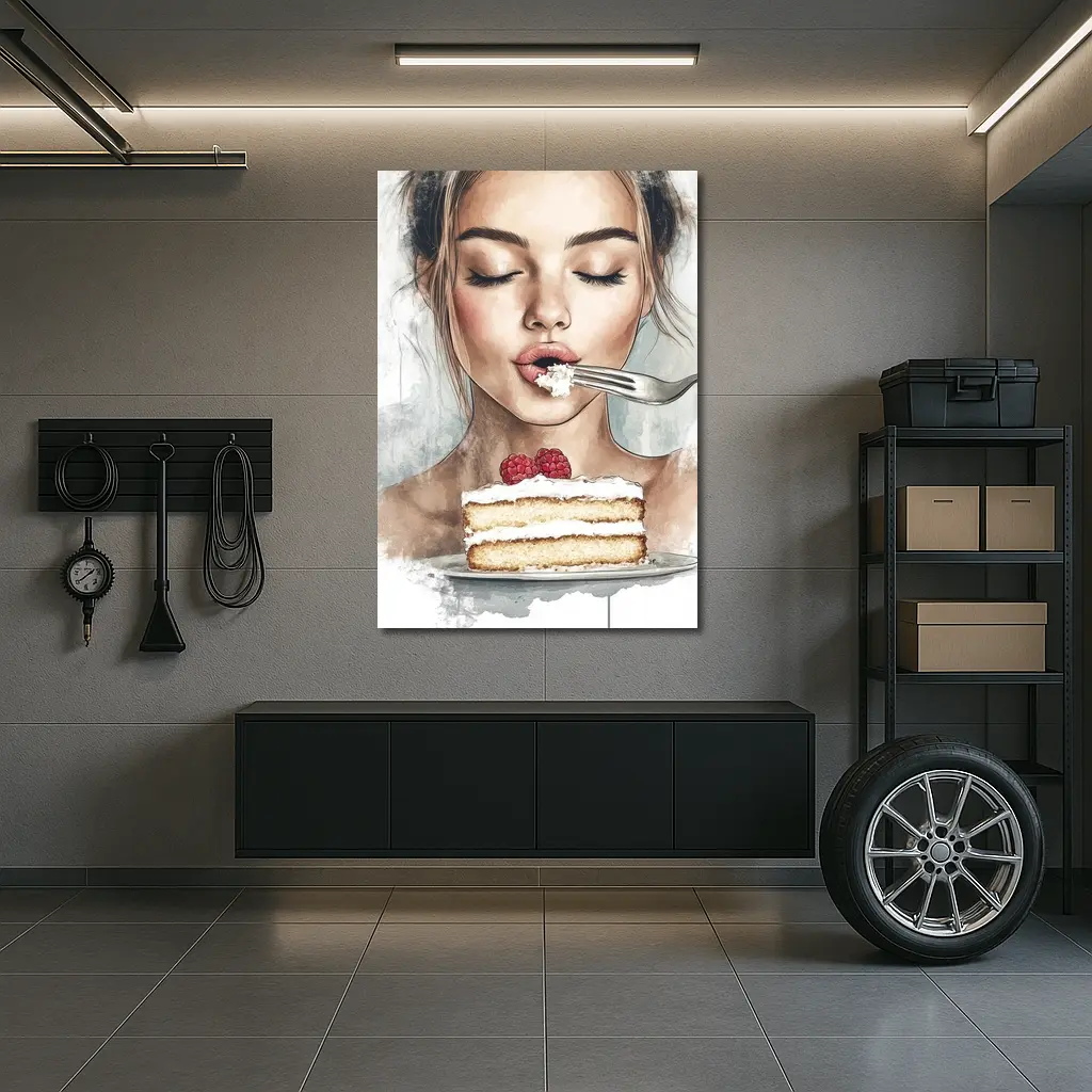 Woman Eating Raspberry Cake Watercolor Art – Wall Art