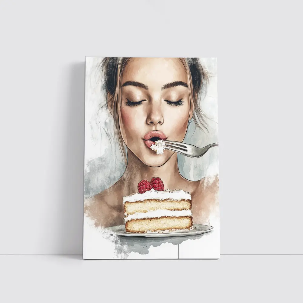 Woman Eating Raspberry Cake Watercolor Art – Wall Art