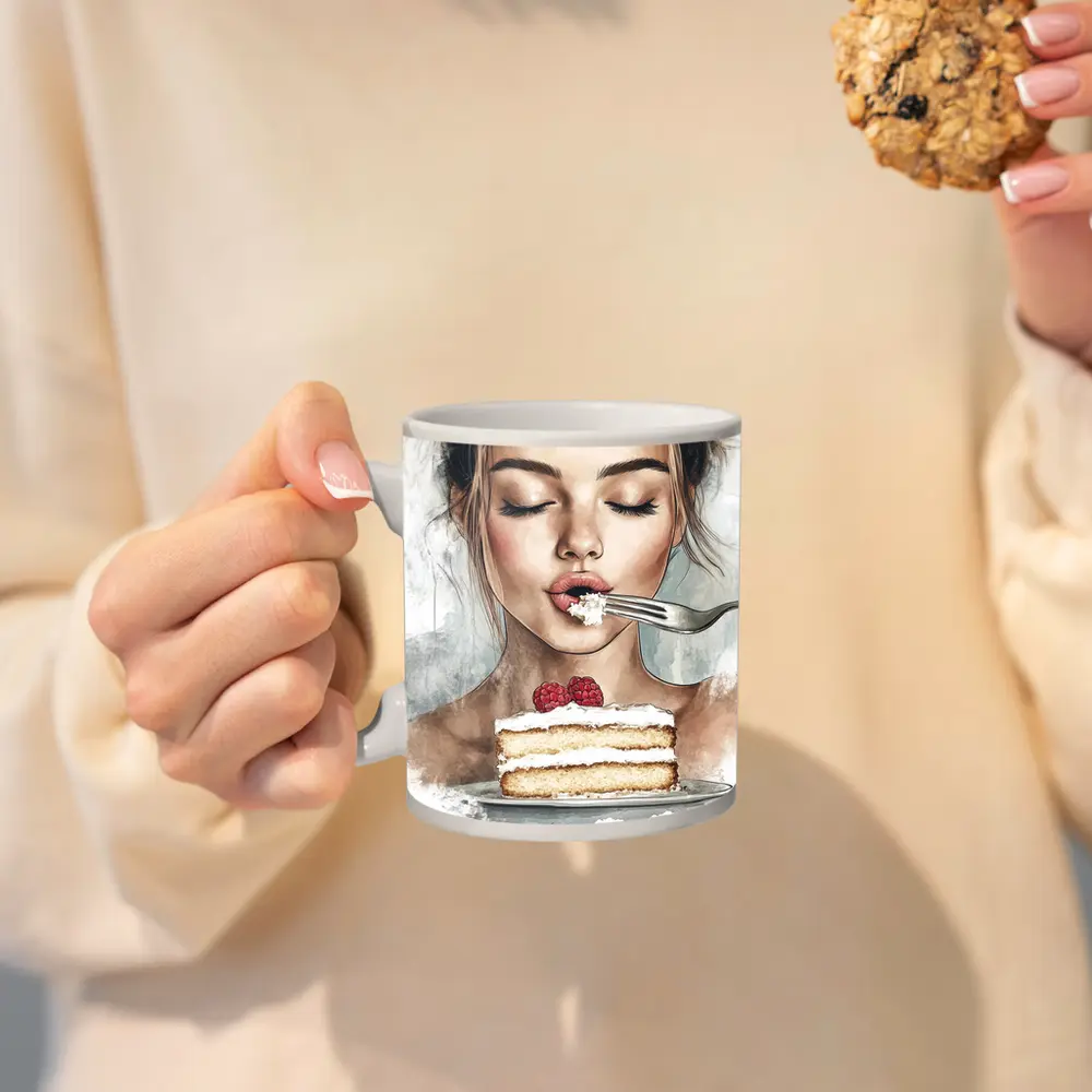 Woman Eating Raspberry Cake Watercolor Art – Mugs