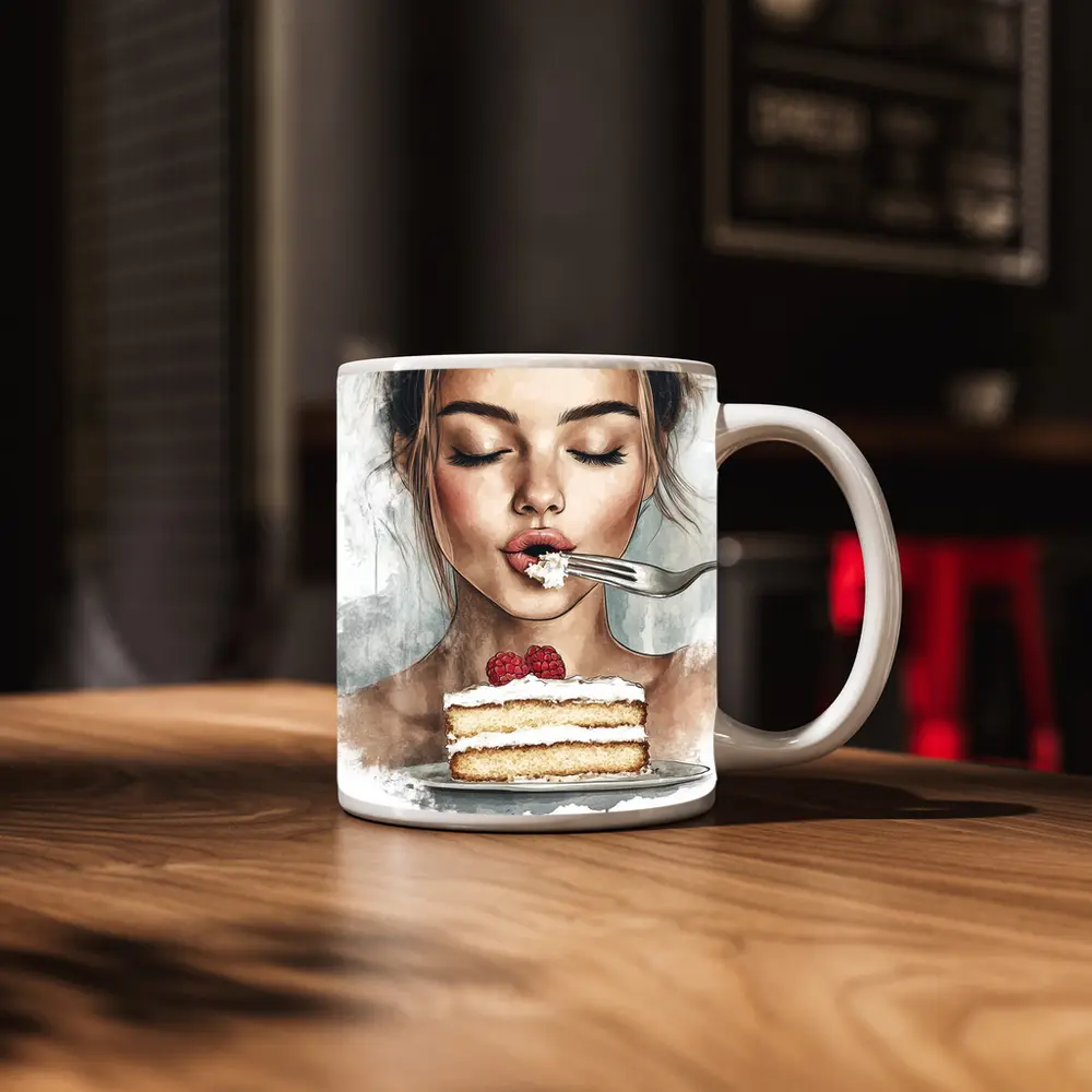 Woman Eating Raspberry Cake Watercolor Art – Mugs