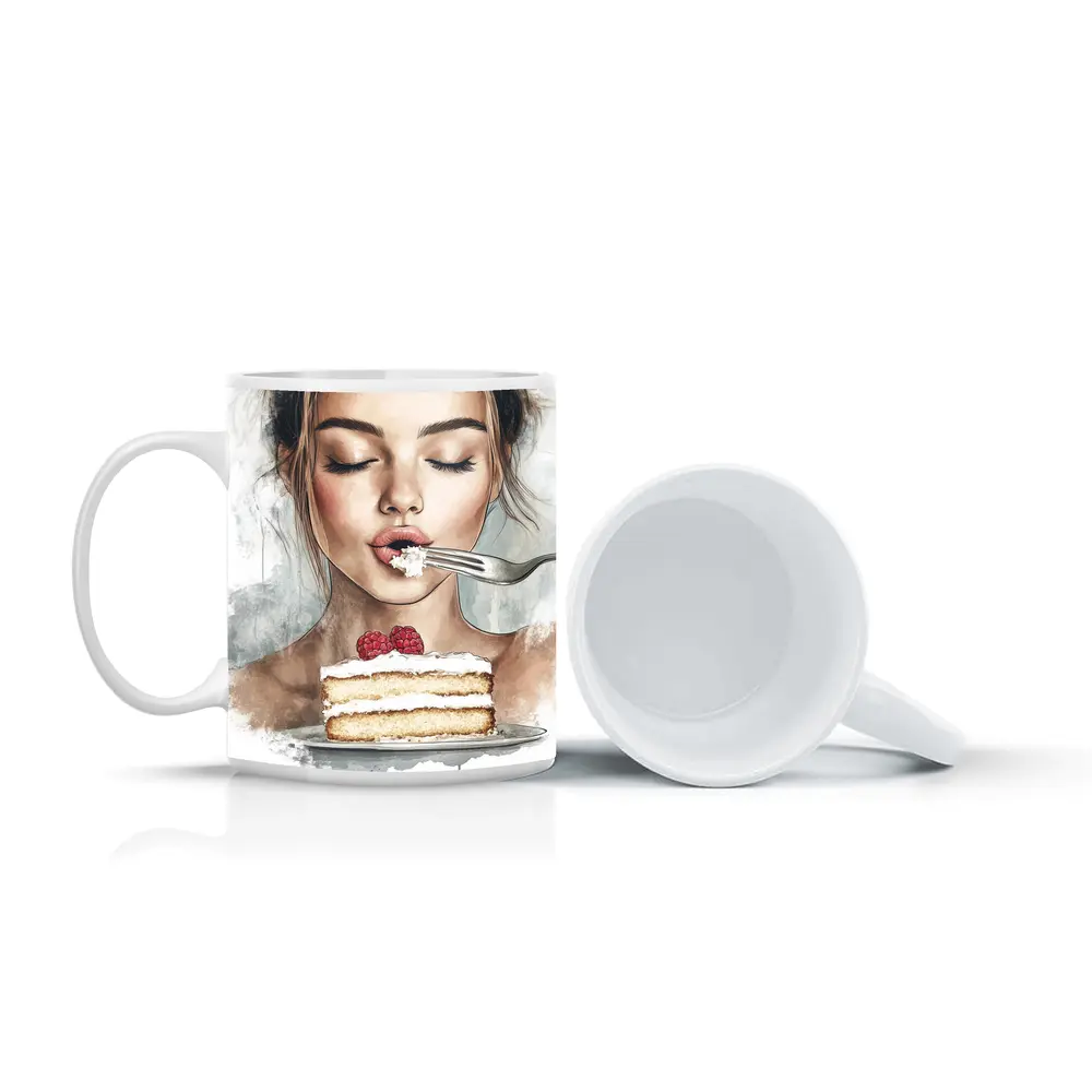 Woman Eating Raspberry Cake Watercolor Art – Mugs