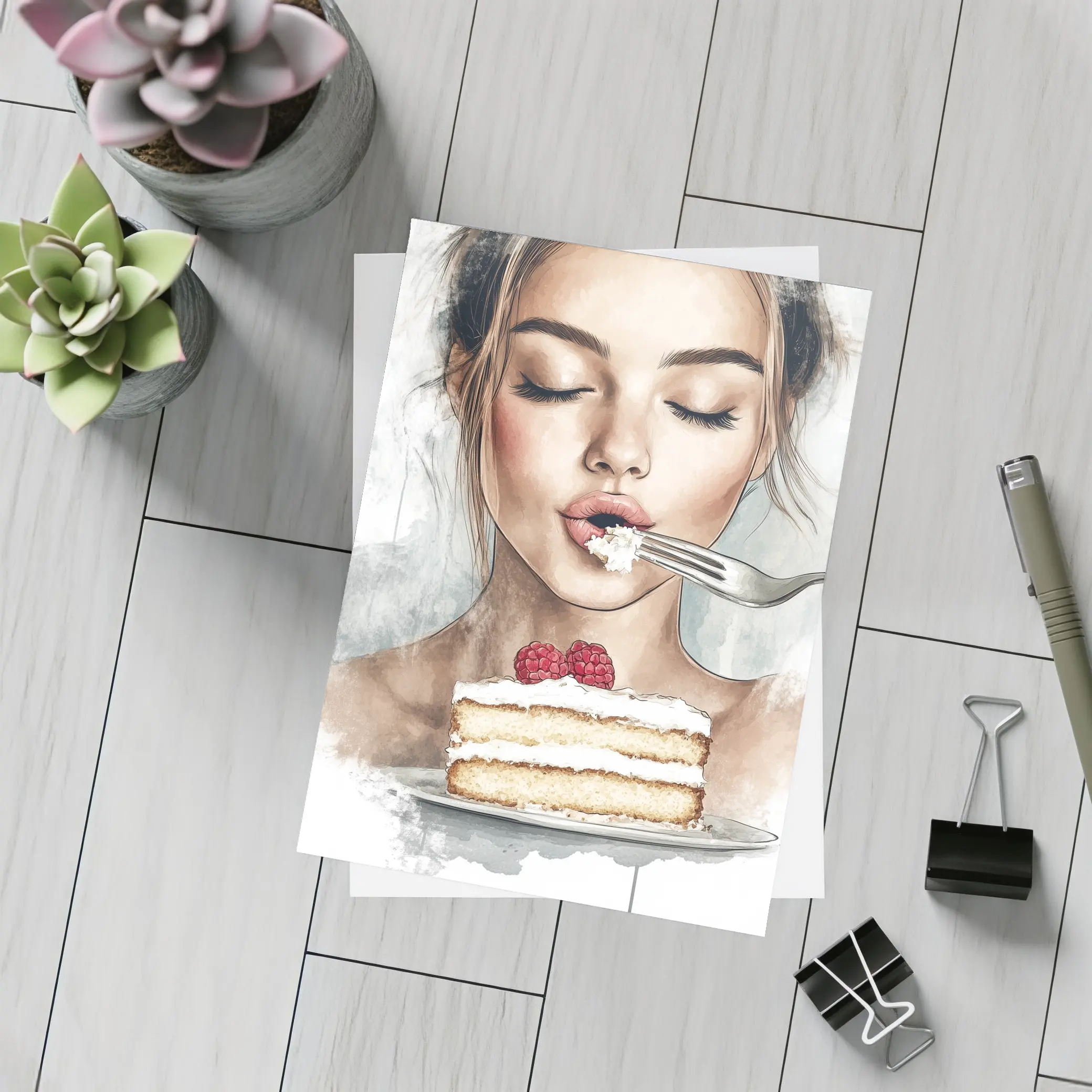 Woman Eating Raspberry Cake Watercolor Art – Postcards