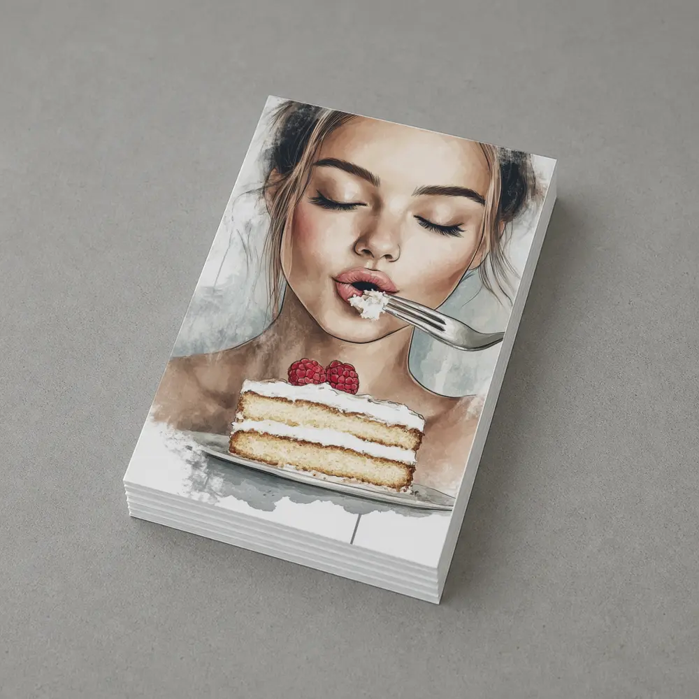 Woman Eating Raspberry Cake Watercolor Art – Postcards