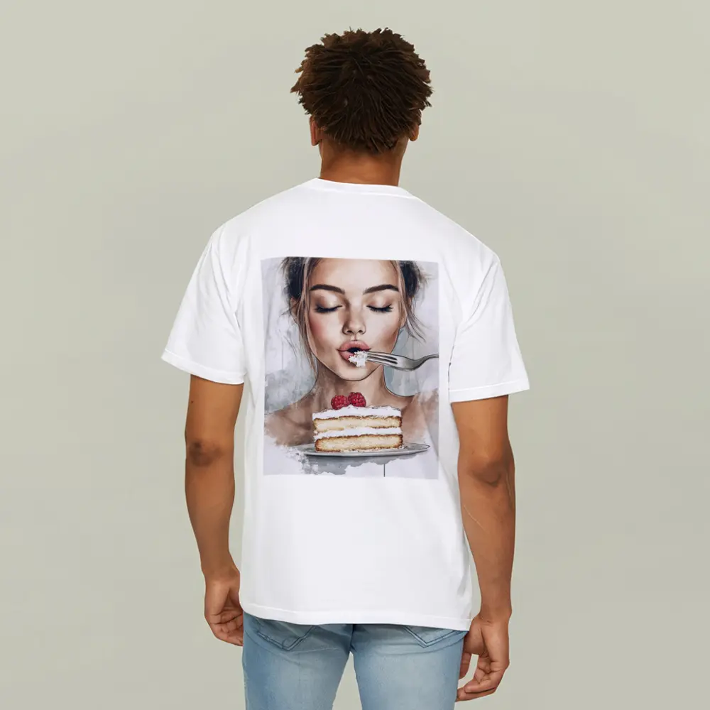 Woman Eating Raspberry Cake Watercolor Art – T-Shirts