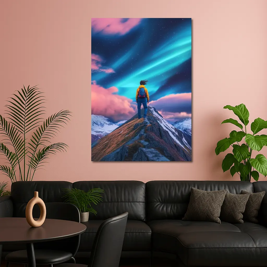 Hiker Standing on Mountain Peak Aurora Sky – Wall Art