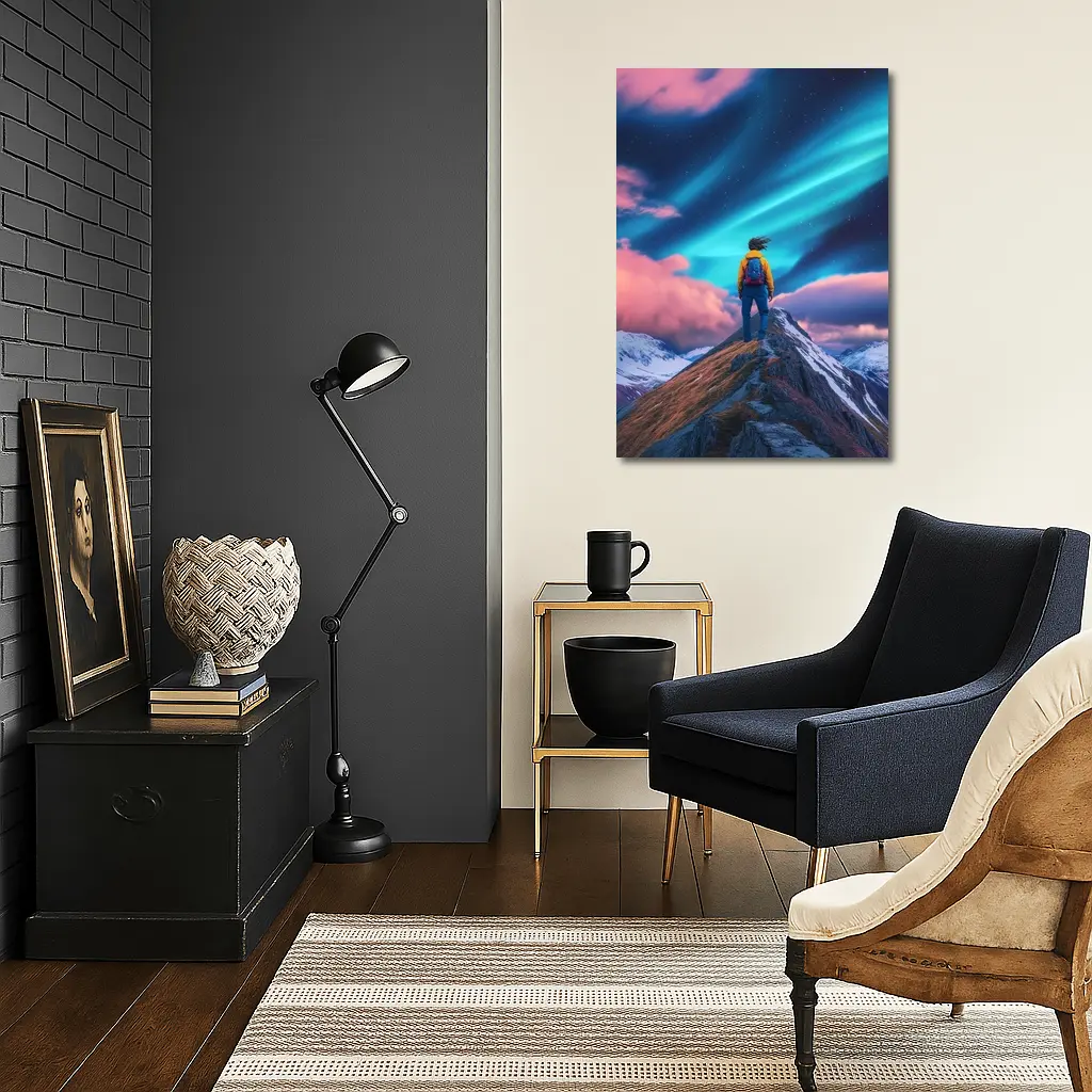 Hiker Standing on Mountain Peak Aurora Sky – Wall Art