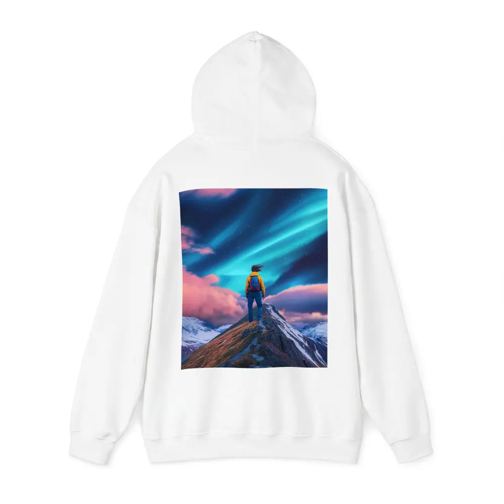 Hiker Standing on Mountain Peak Aurora Sky – Hoodies