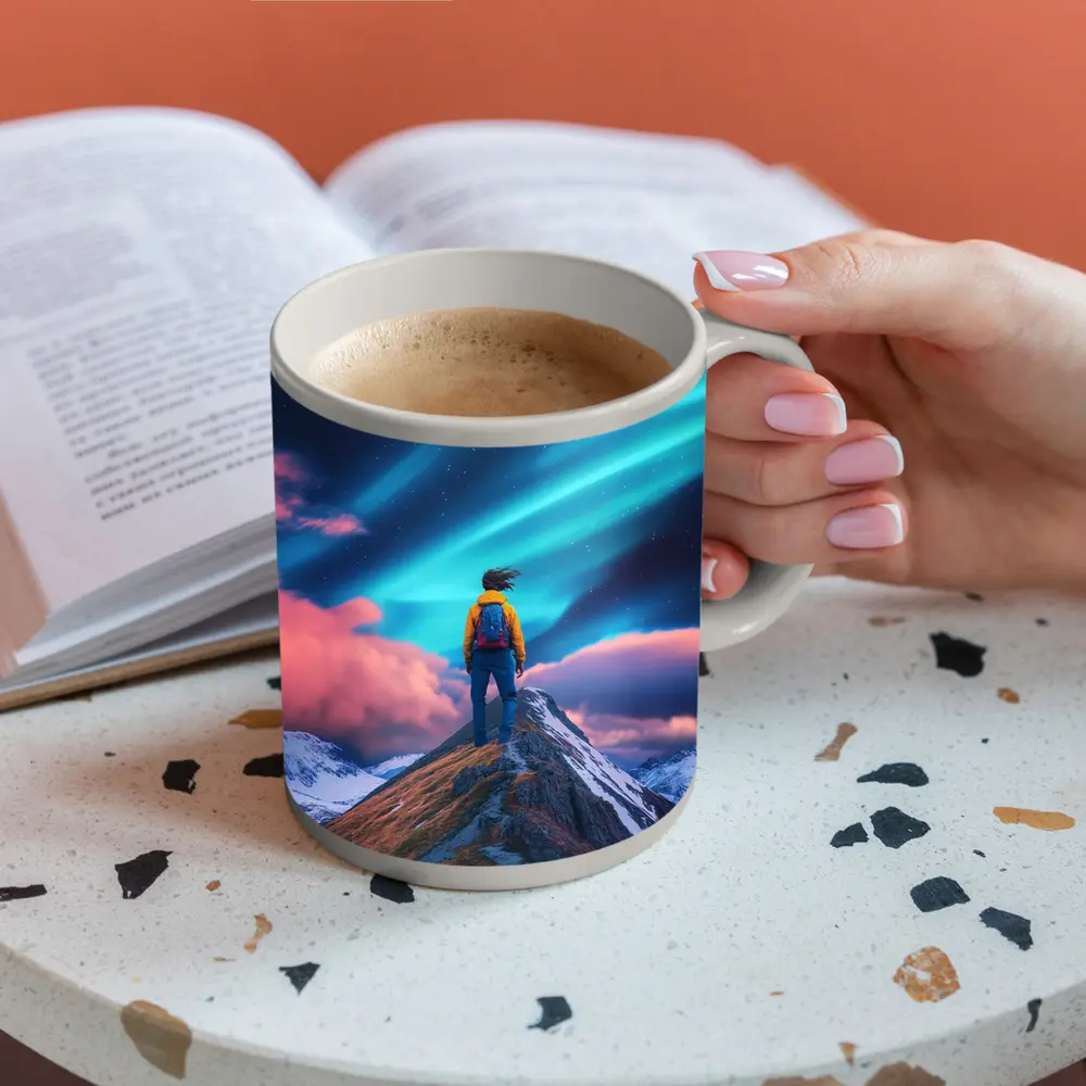 Hiker Standing on Mountain Peak Aurora Sky – Mugs
