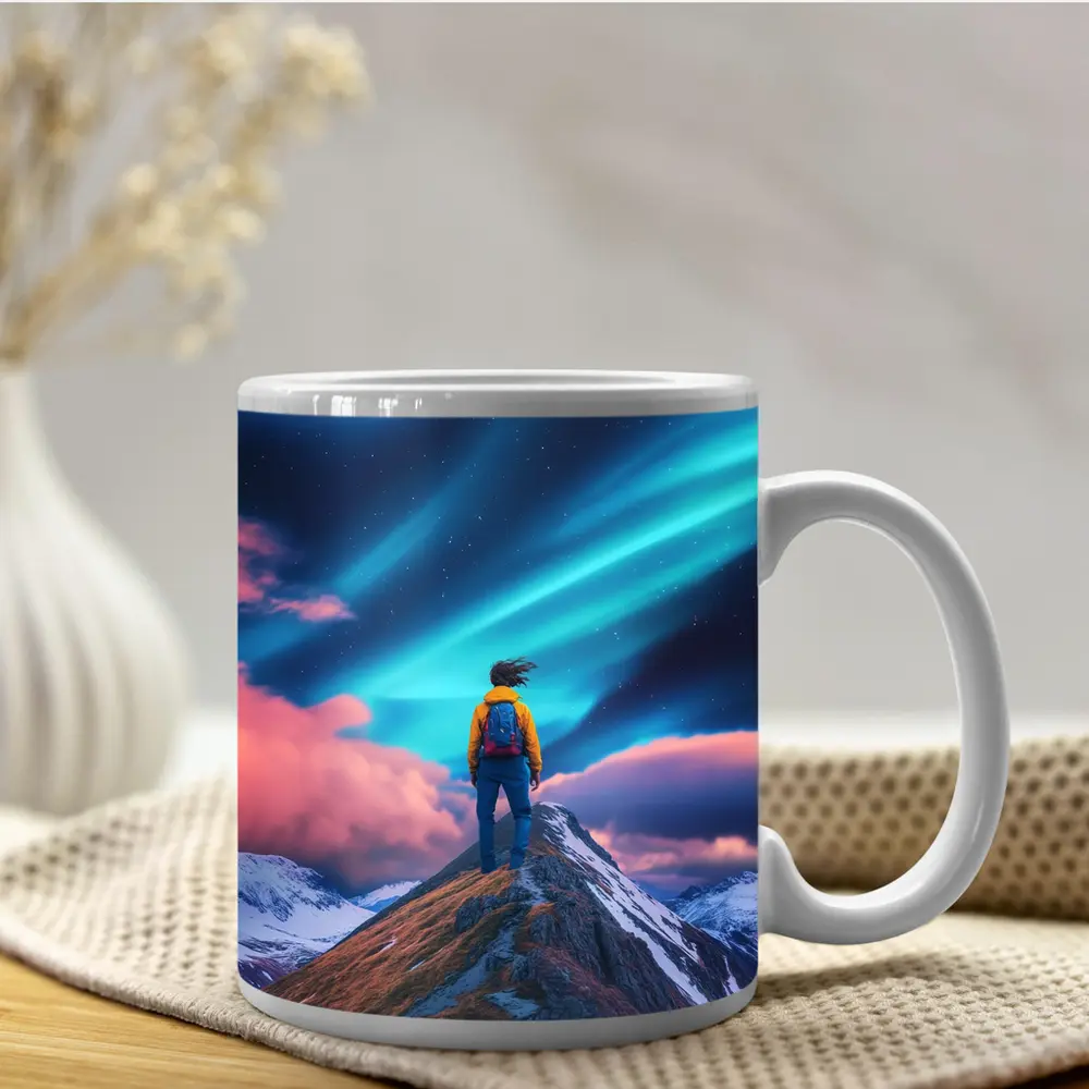 Hiker Standing on Mountain Peak Aurora Sky – Mugs