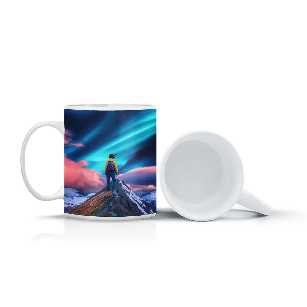 Hiker Standing on Mountain Peak Aurora Sky – Mugs