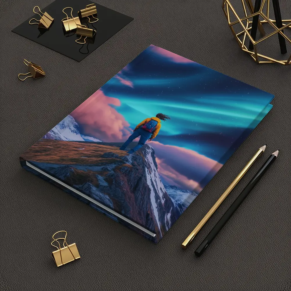 Hiker Standing on Mountain Peak Aurora Sky – Notebooks
