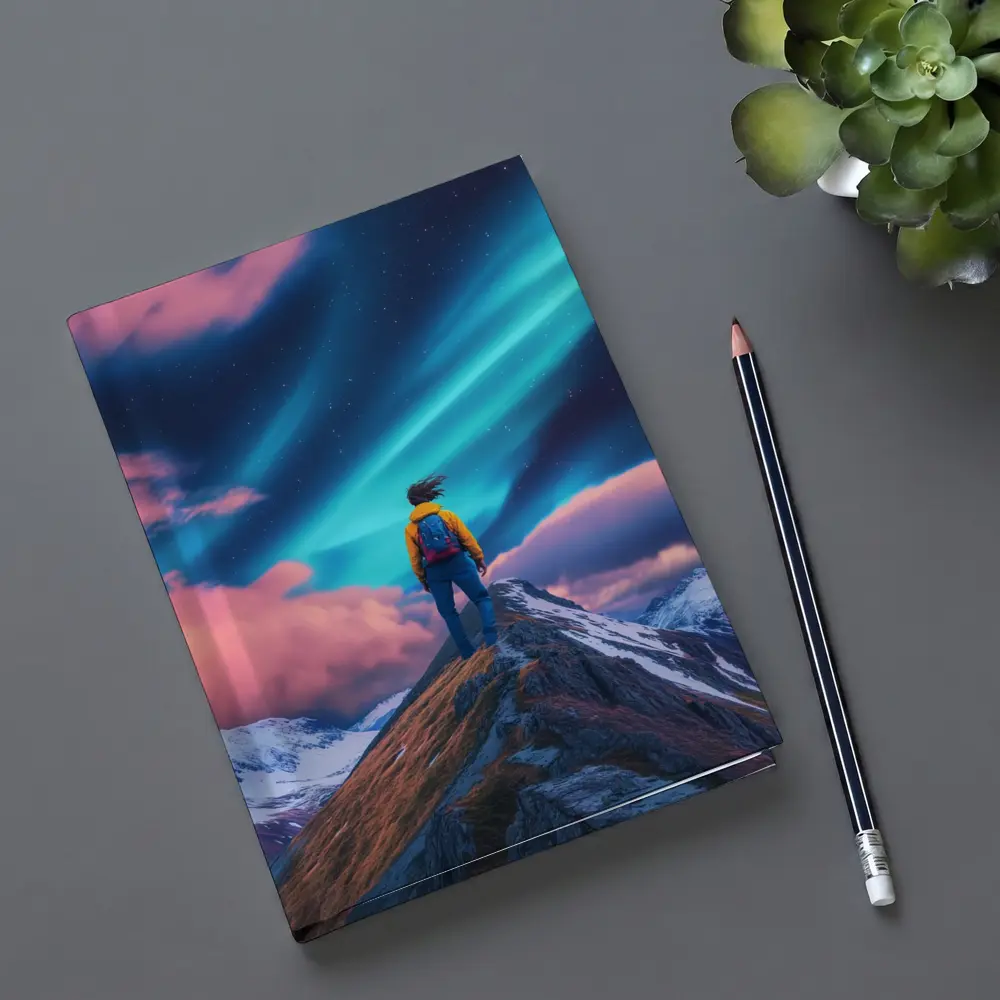 Hiker Standing on Mountain Peak Aurora Sky – Notebooks