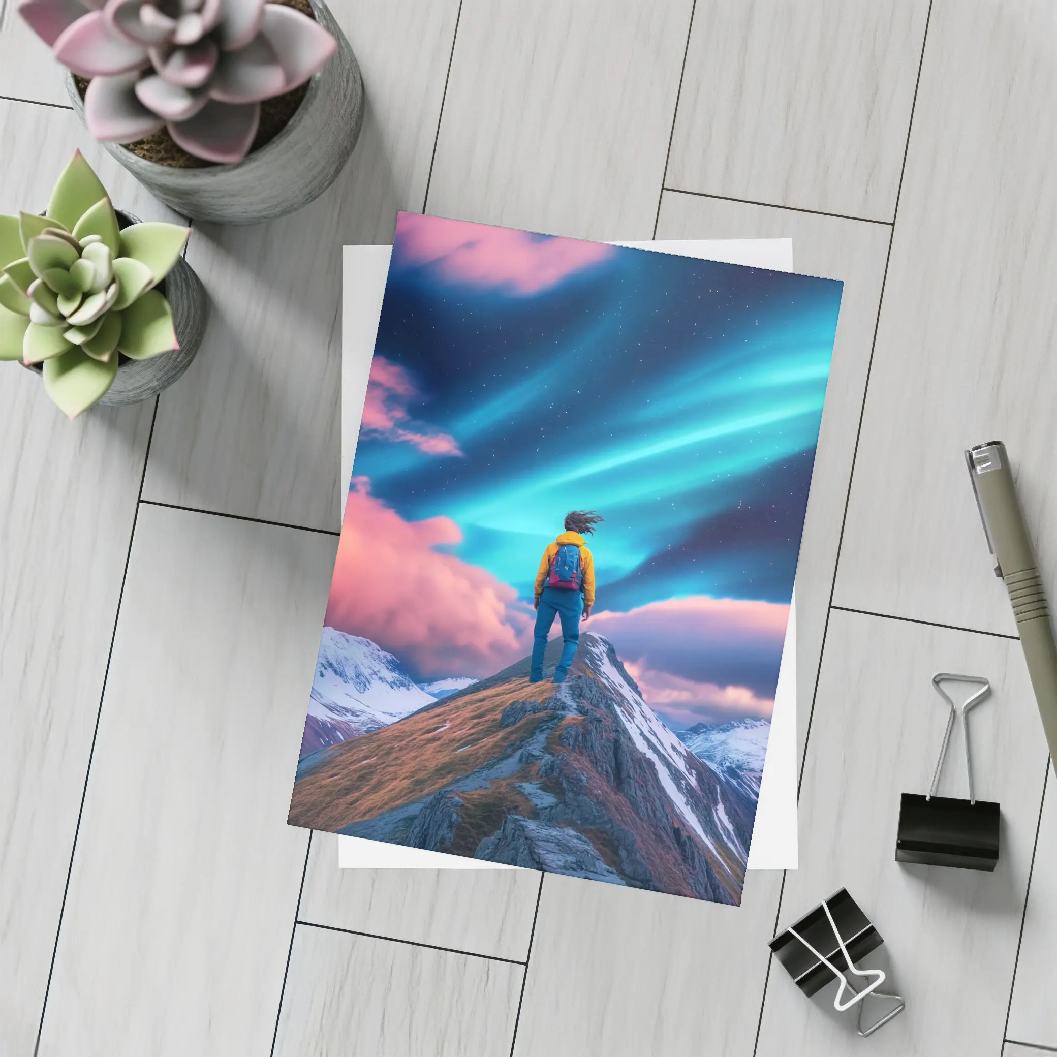 Hiker Standing on Mountain Peak Aurora Sky – Postcards