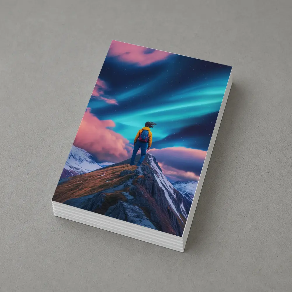 Hiker Standing on Mountain Peak Aurora Sky – Postcards