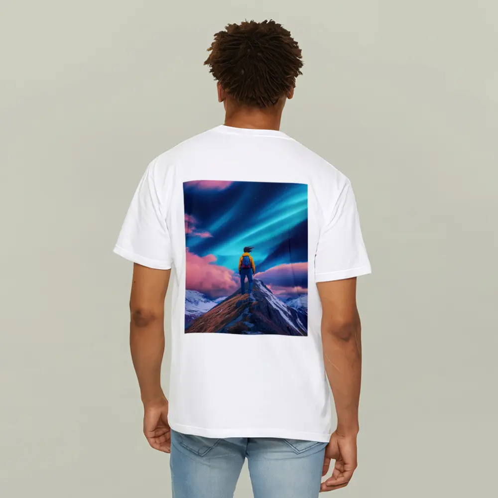 Hiker Standing on Mountain Peak Aurora Sky – T-Shirts