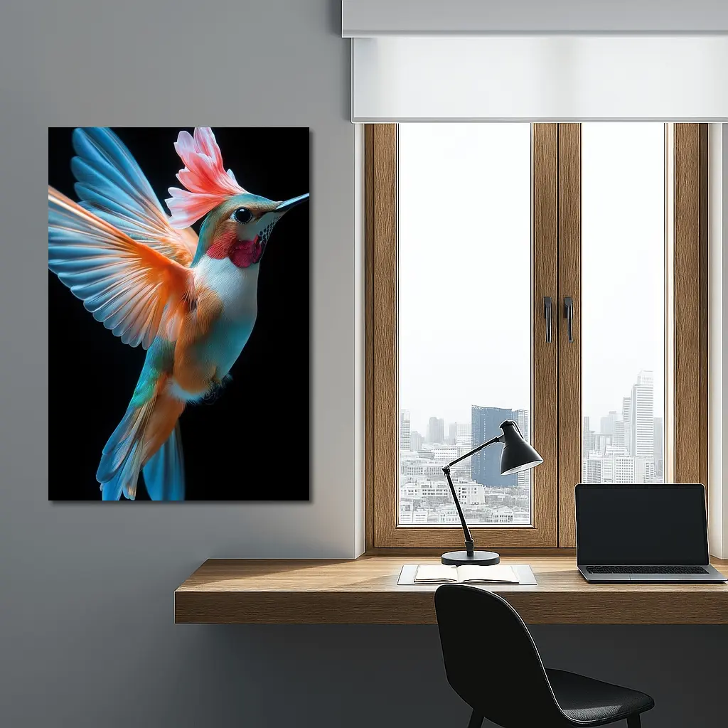 Colorful Hummingbird Flying on Black Background – Wall Art