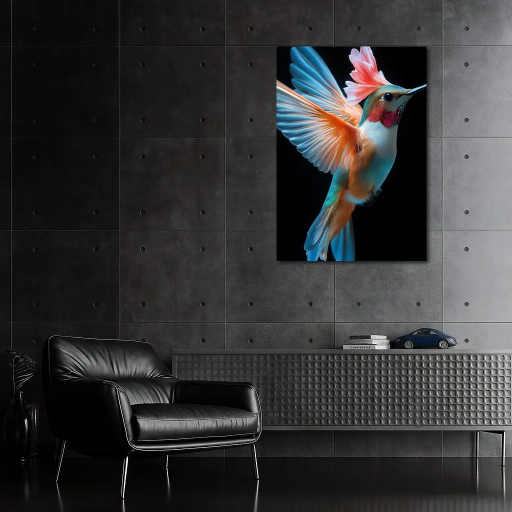 Colorful Hummingbird Flying on Black Background – Wall Art